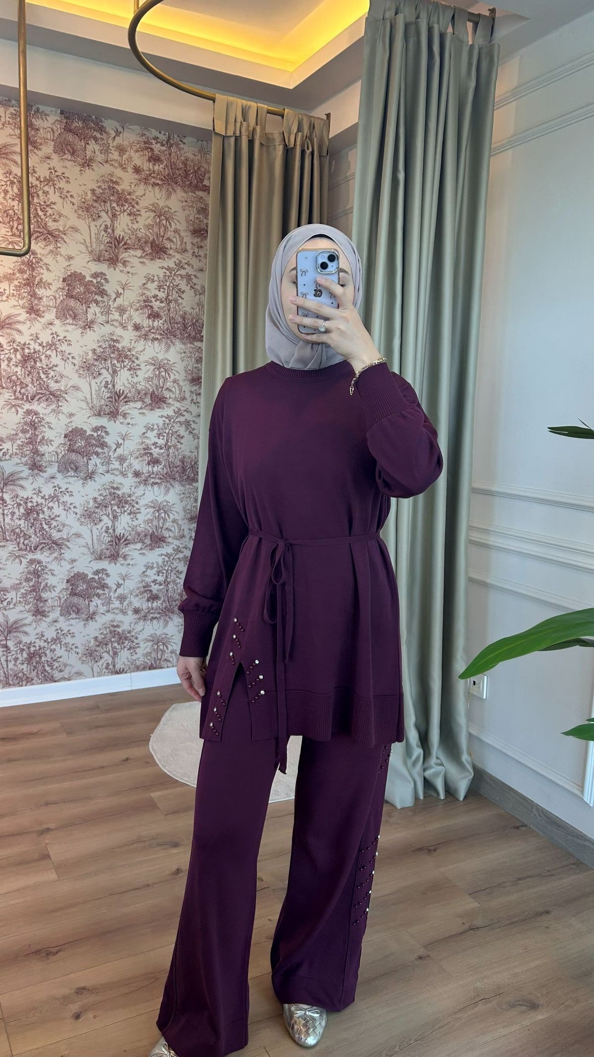 Mürdüm Taş Detaylı Triko Takım