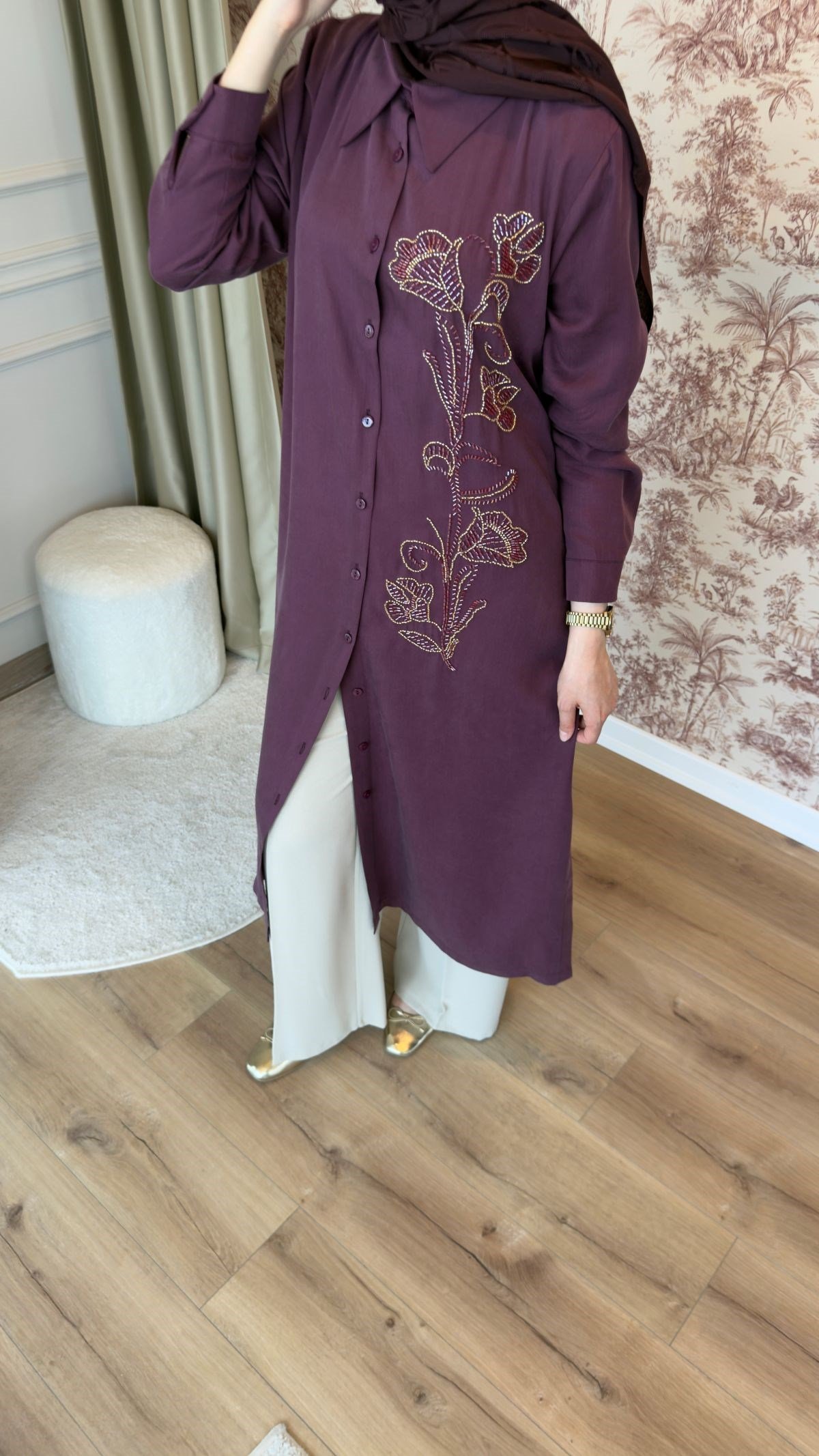 Mürdüm Taş İşlemeli Gömlek