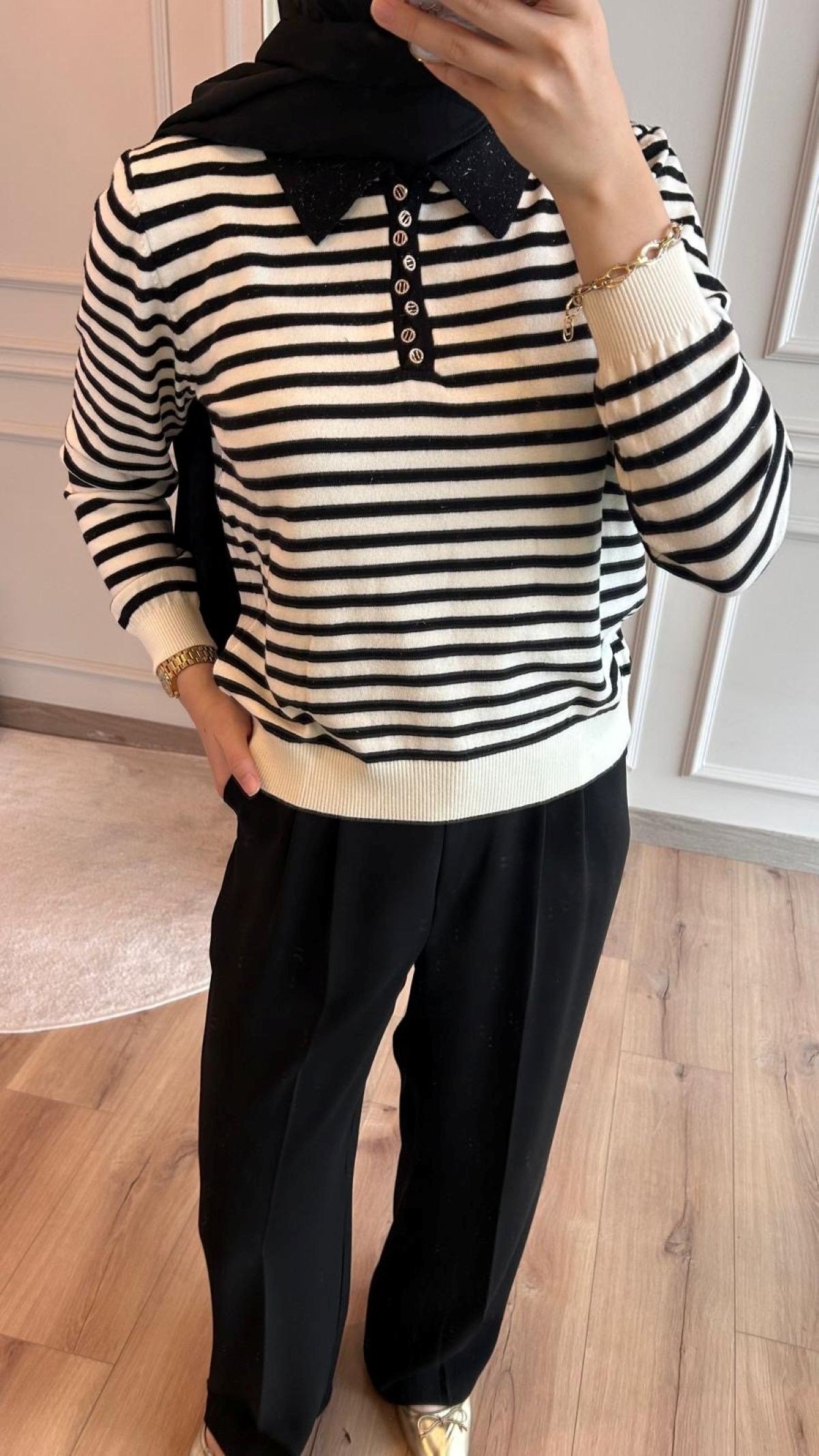 Siyah Lurex Çizgili Triko
