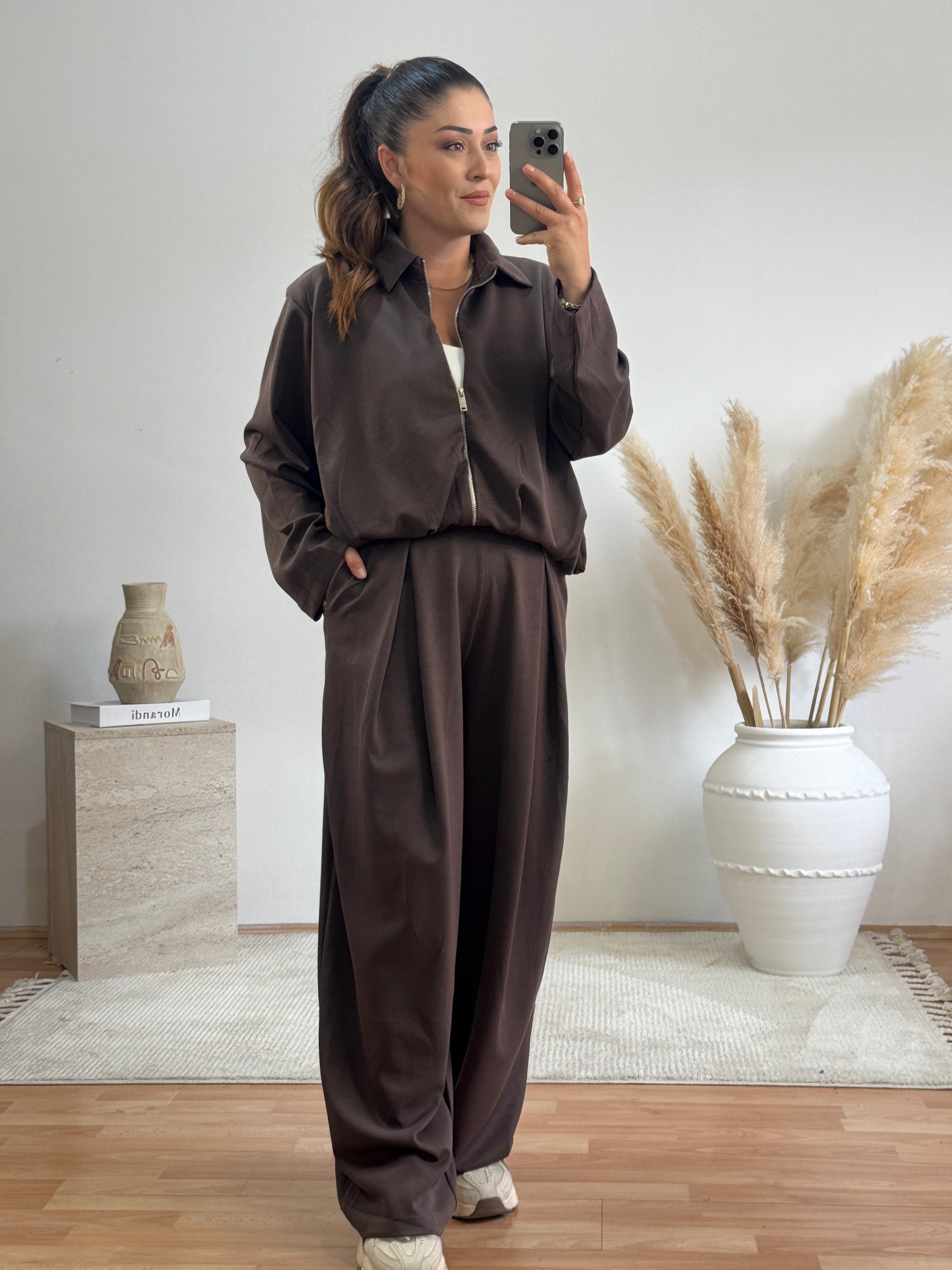     Soft Modal Bomber Takım-Kahve
