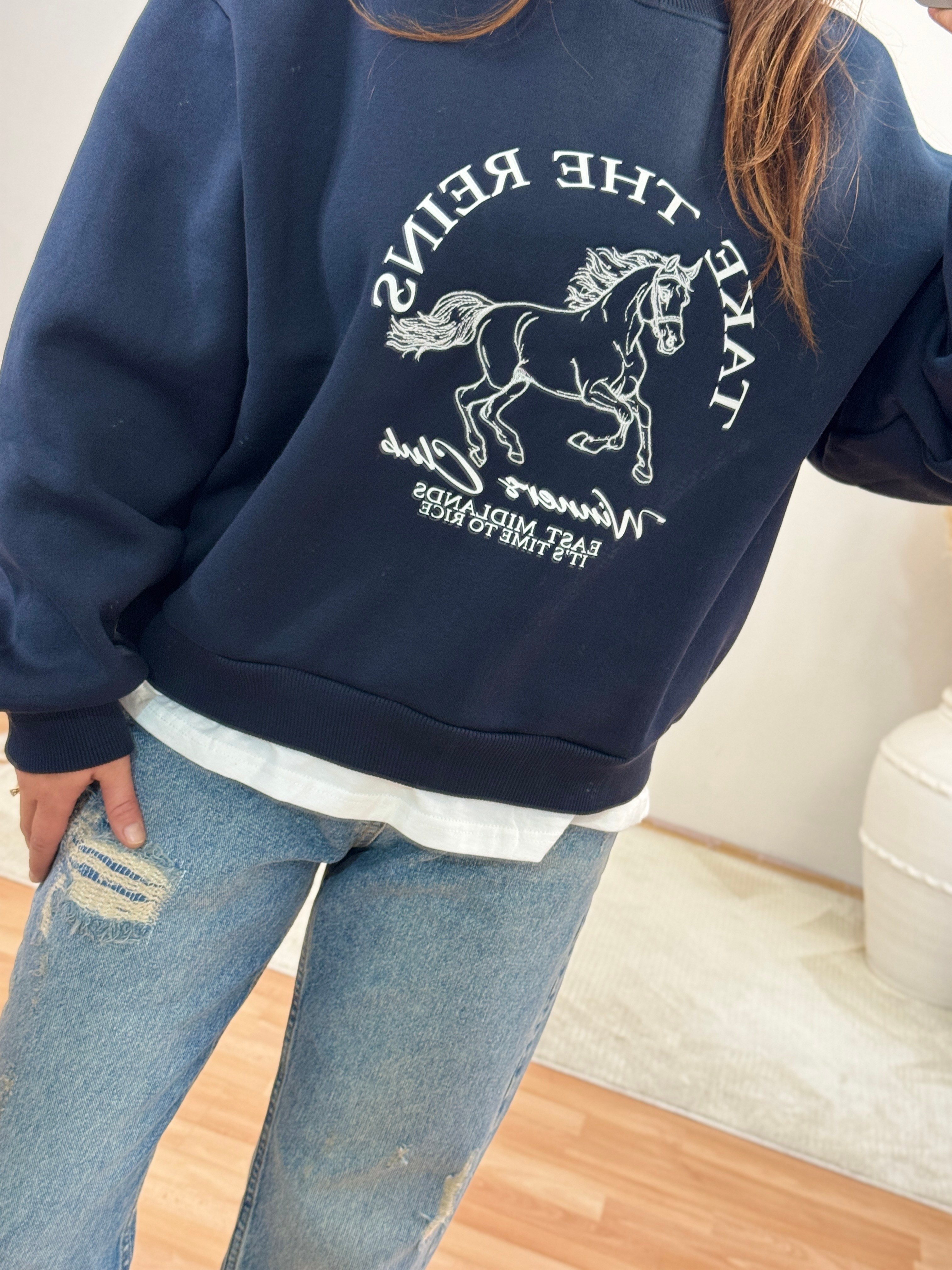 At Baskılı Detaylı Sweatshirt-Lacivert