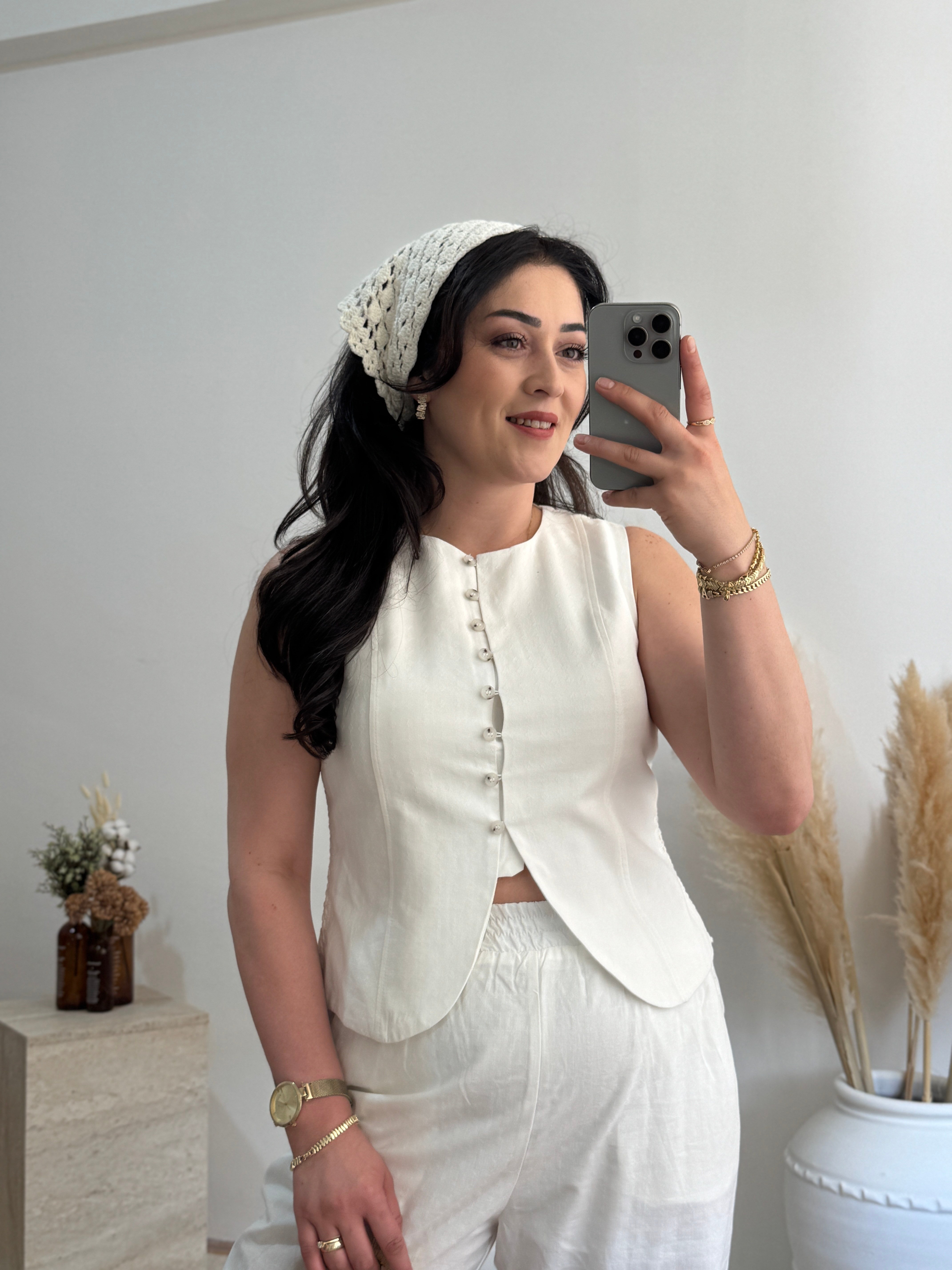 Bağcıklı Yelek & Dantel Şerit Detaylı Pantolon Takım