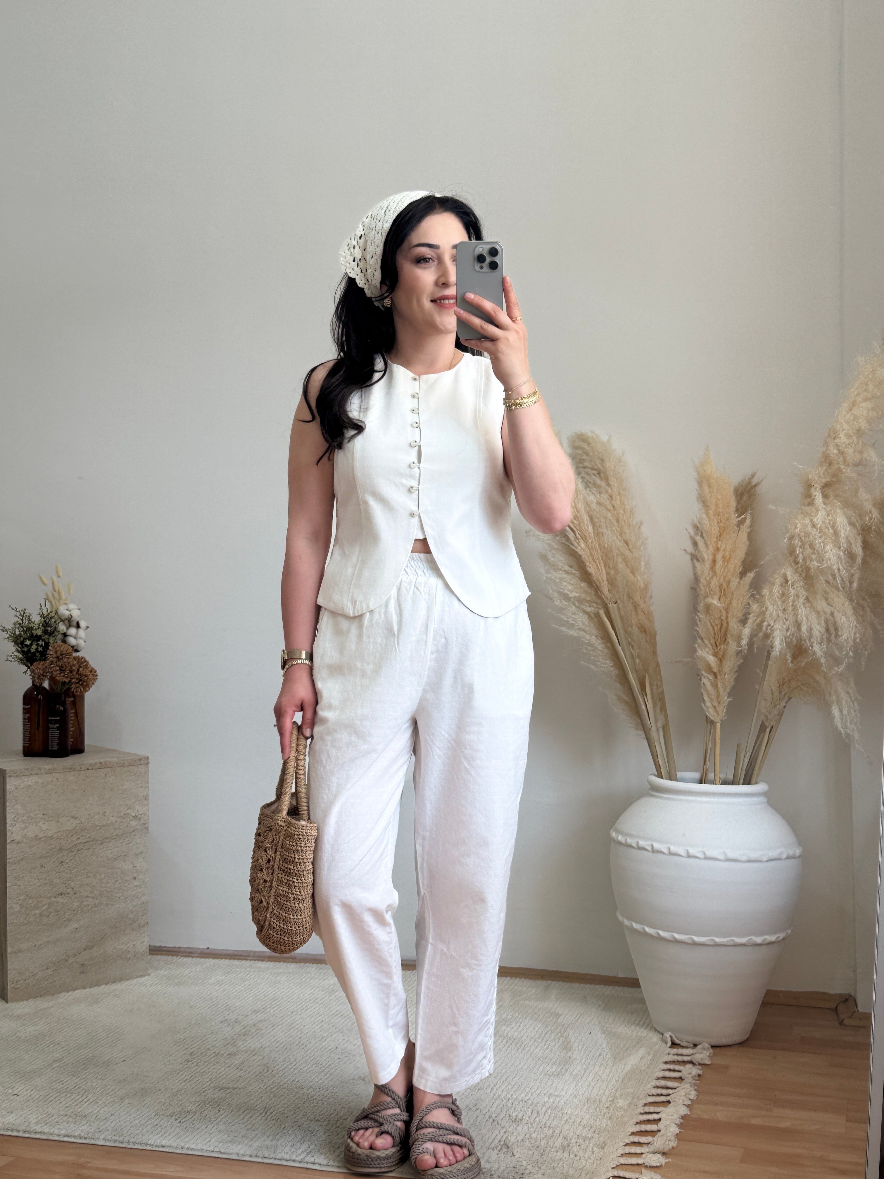 Bağcıklı Yelek & Dantel Şerit Detaylı Pantolon Takım