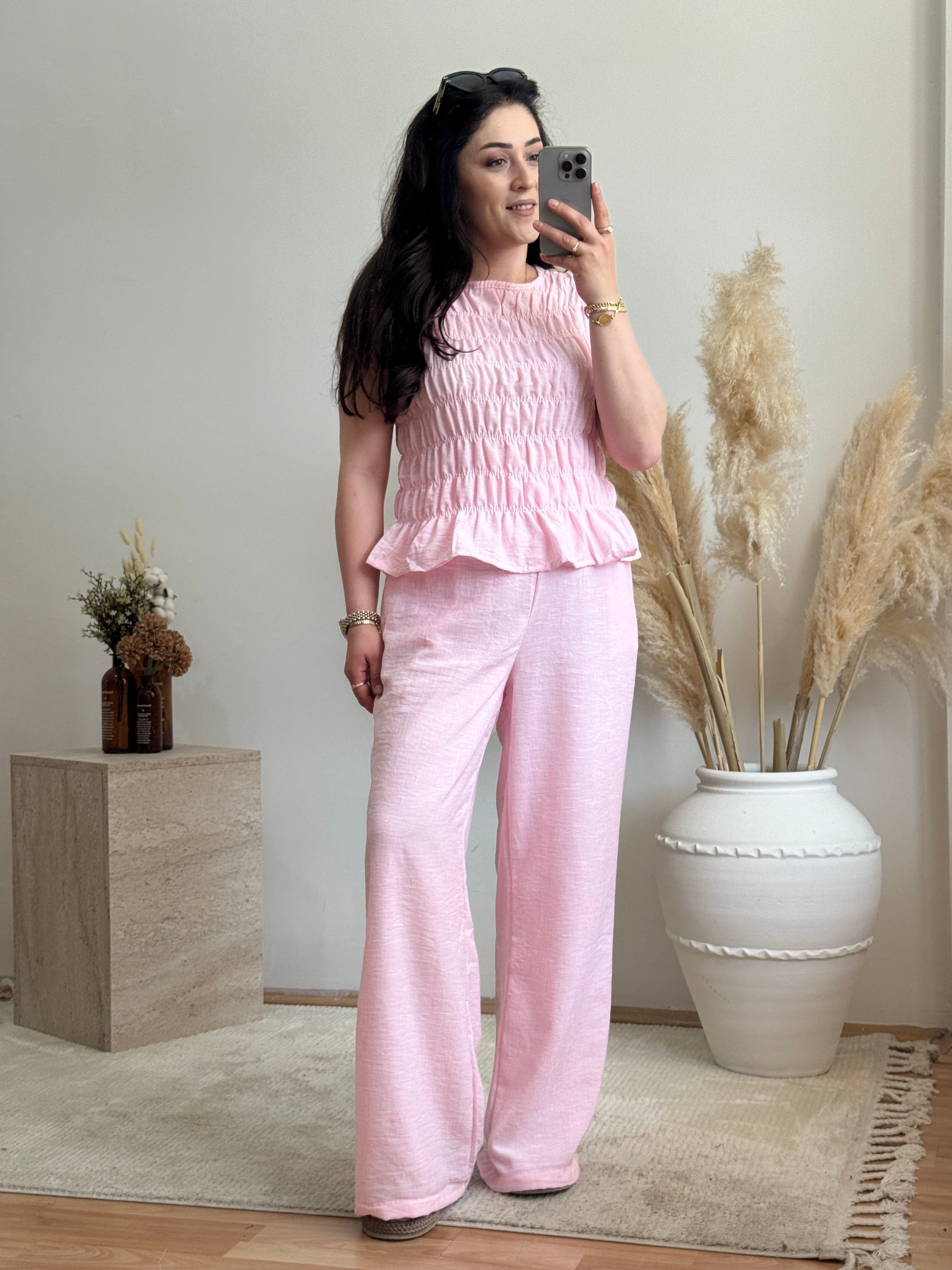 Büzgü Detaylı Keten Görünümlü Takım-Pembe