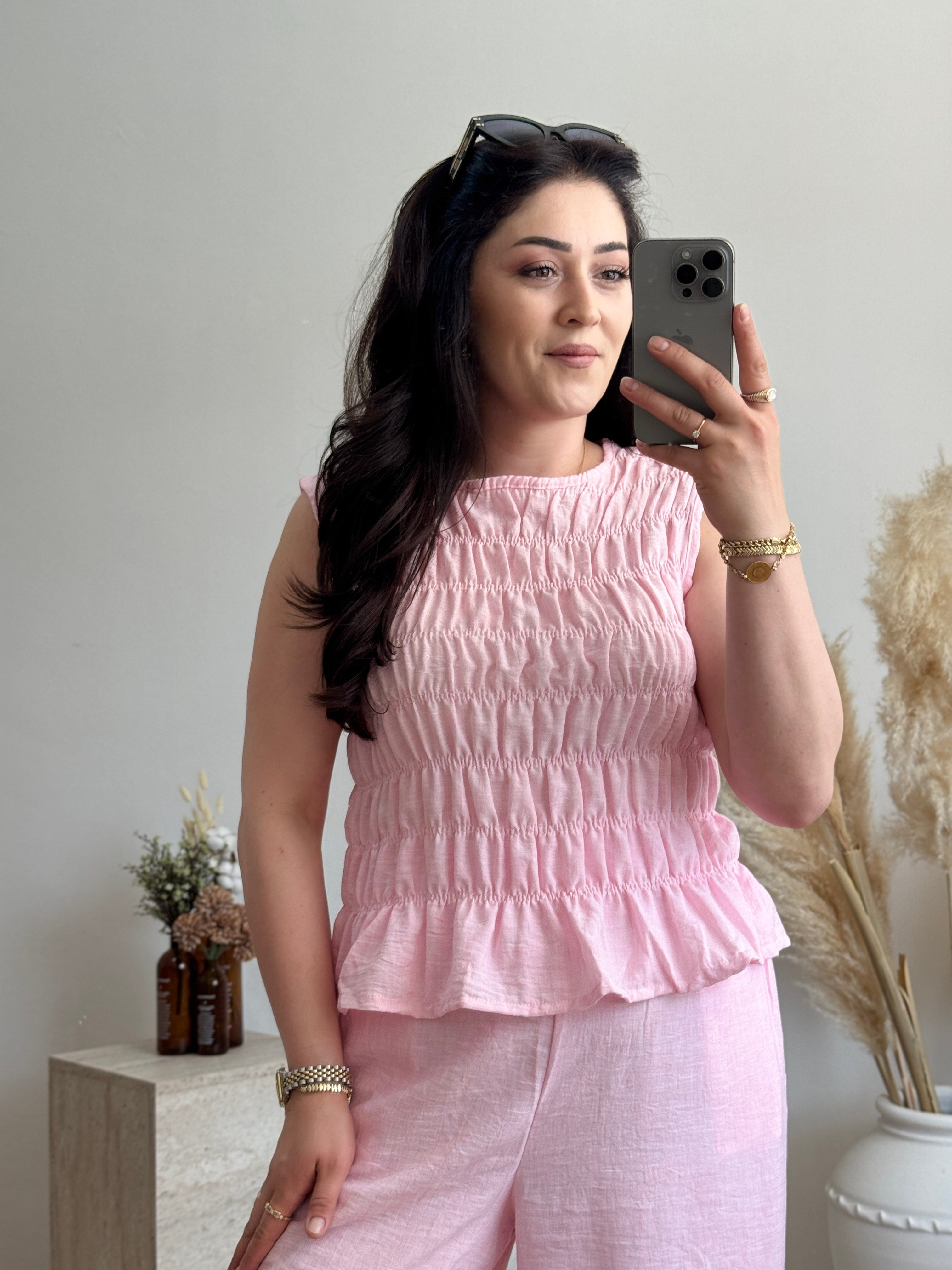 Büzgü Detaylı Keten Görünümlü Takım-Pembe