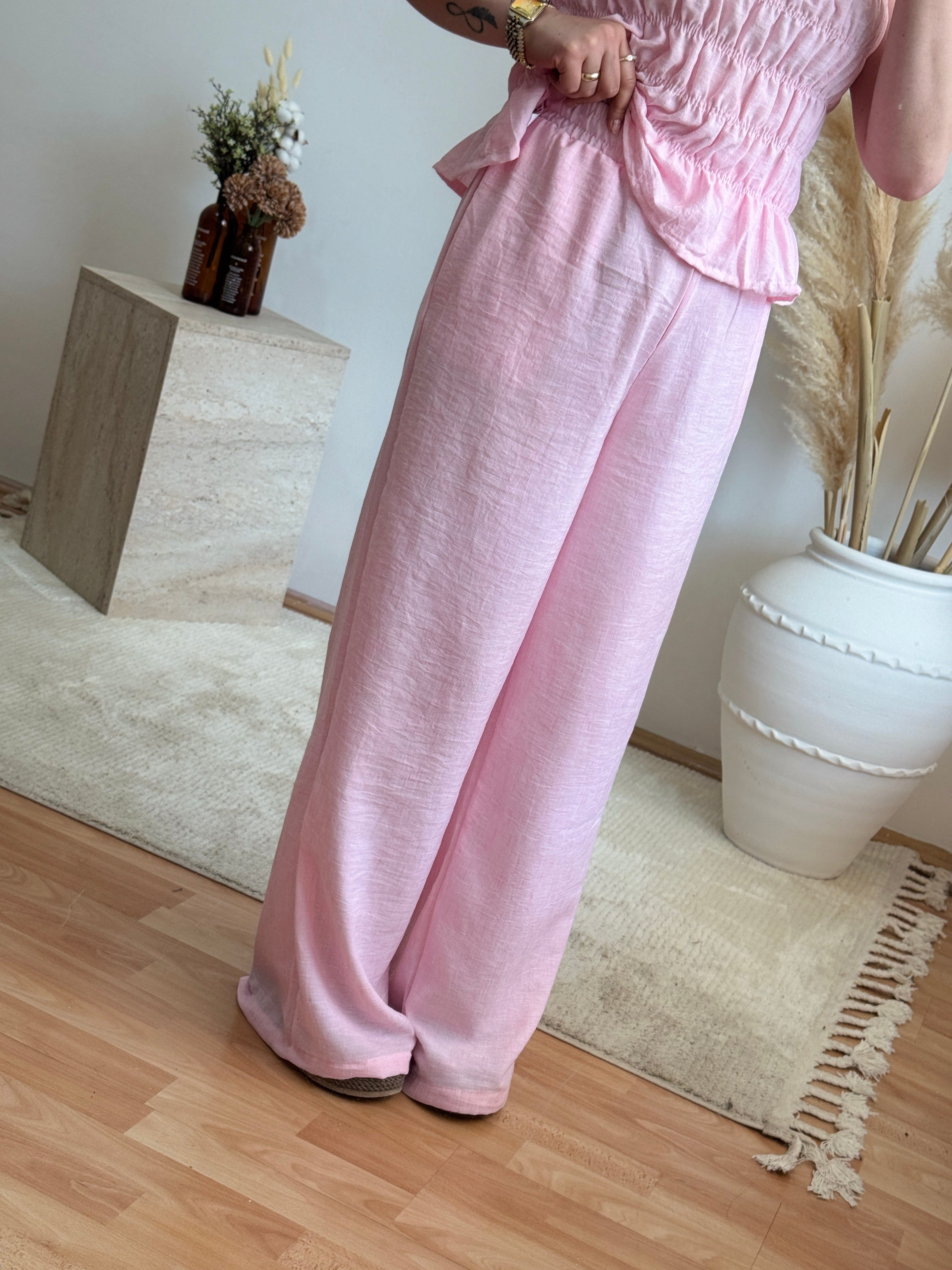 Büzgü Detaylı Keten Görünümlü Takım-Pembe