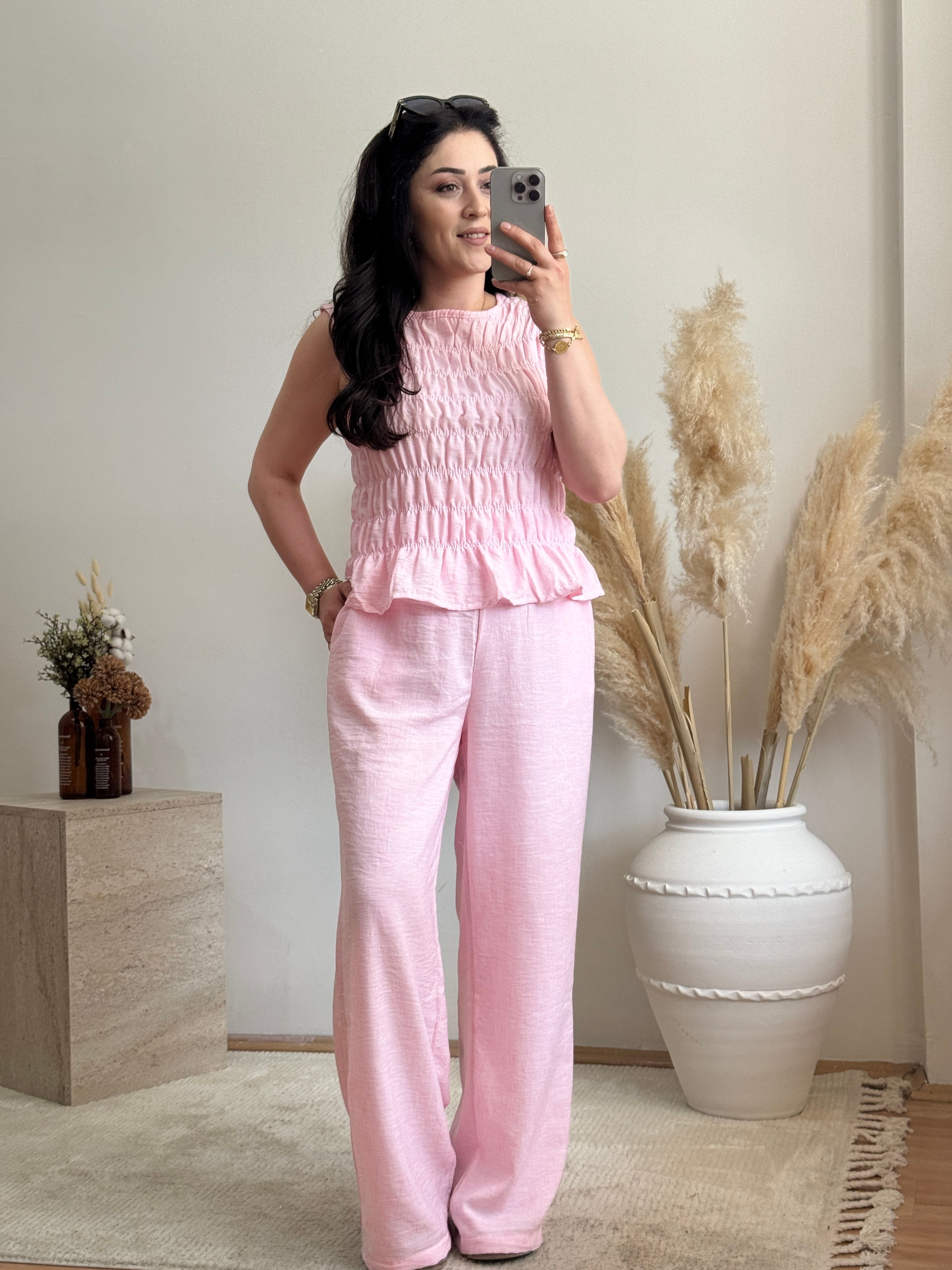 Büzgü Detaylı Keten Görünümlü Takım-Pembe