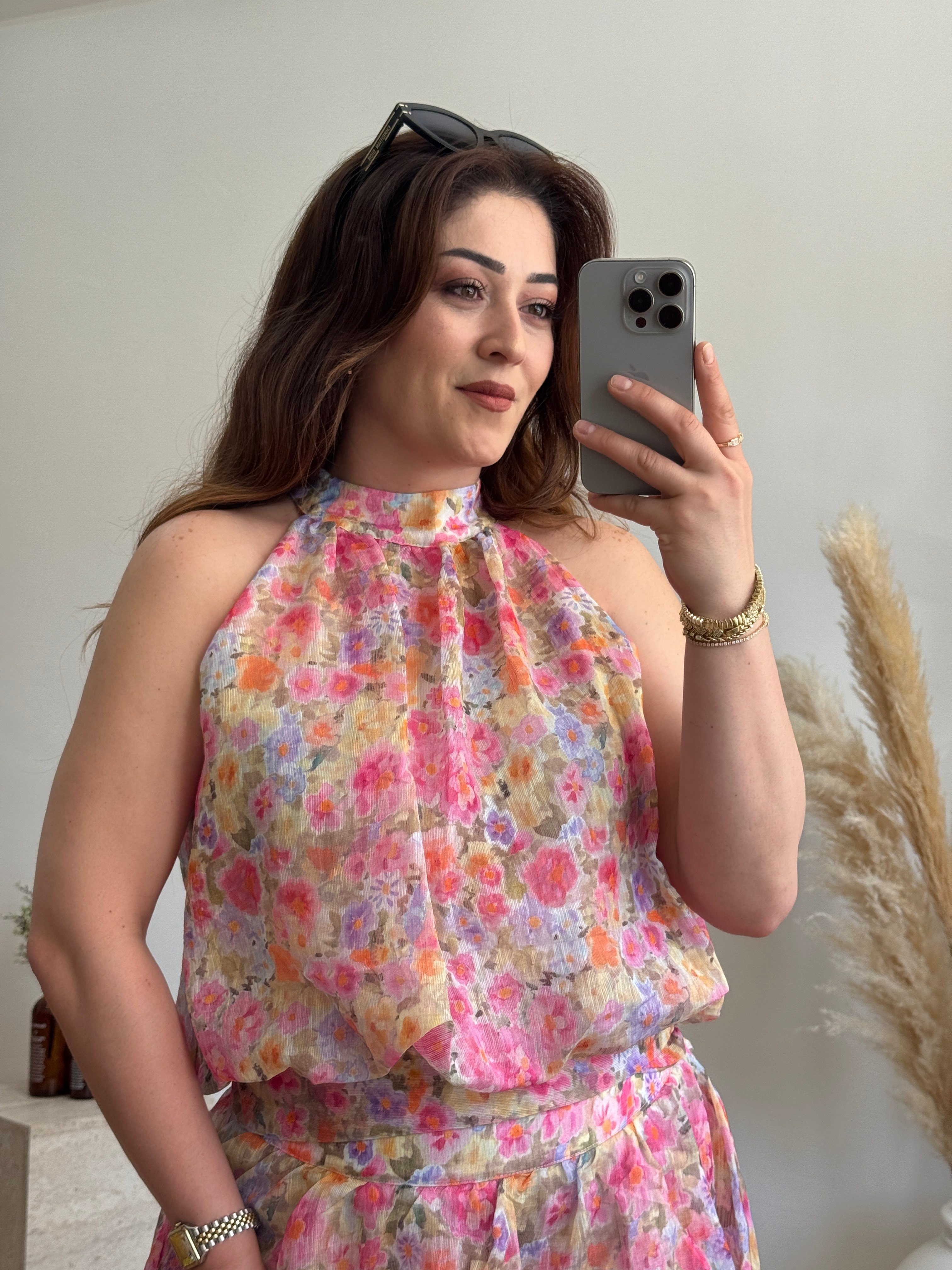 Çiçek Desenli Halter Yaka Bluz Pembe