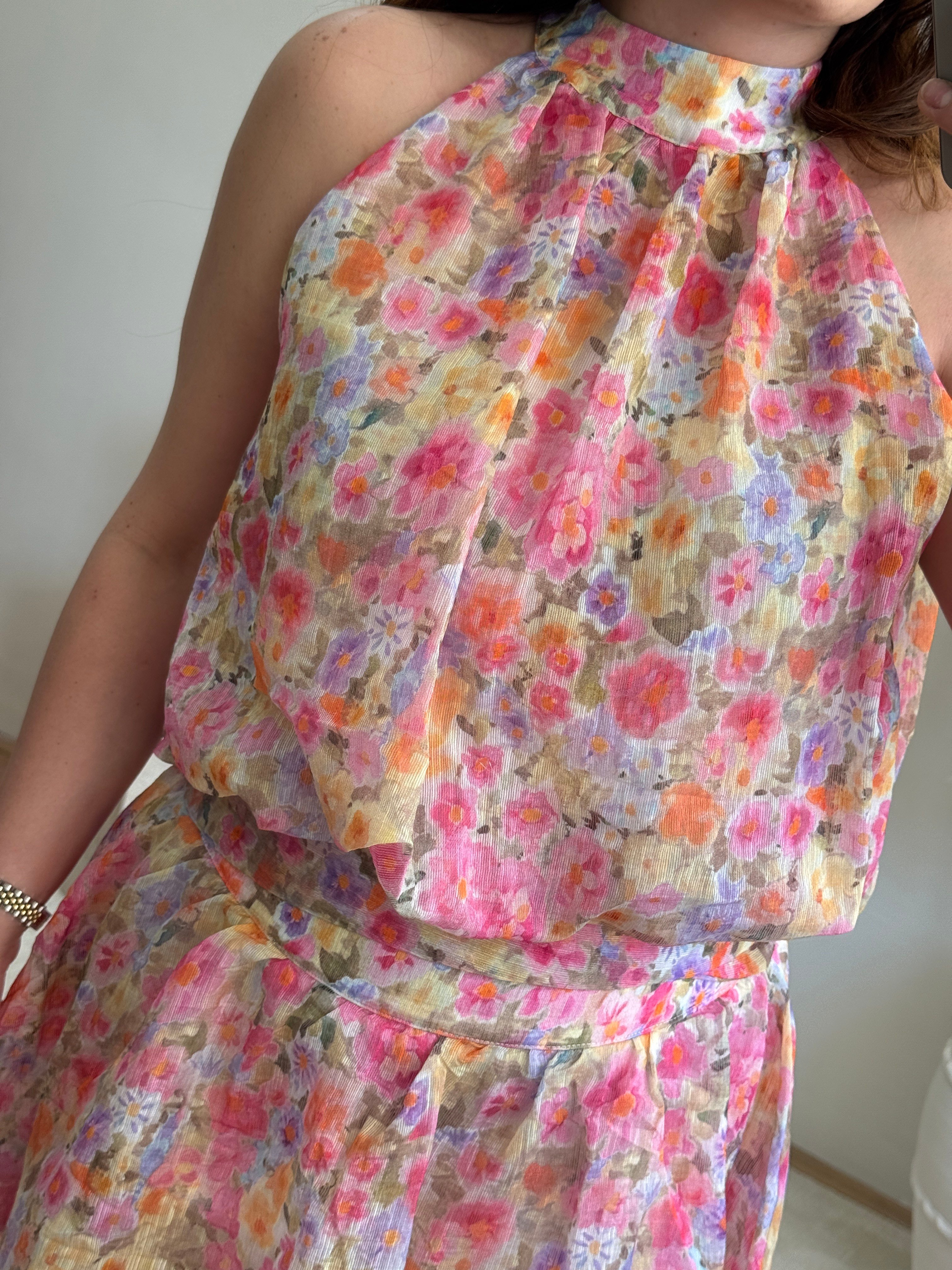 Çiçek Desenli Halter Yaka Bluz Pembe