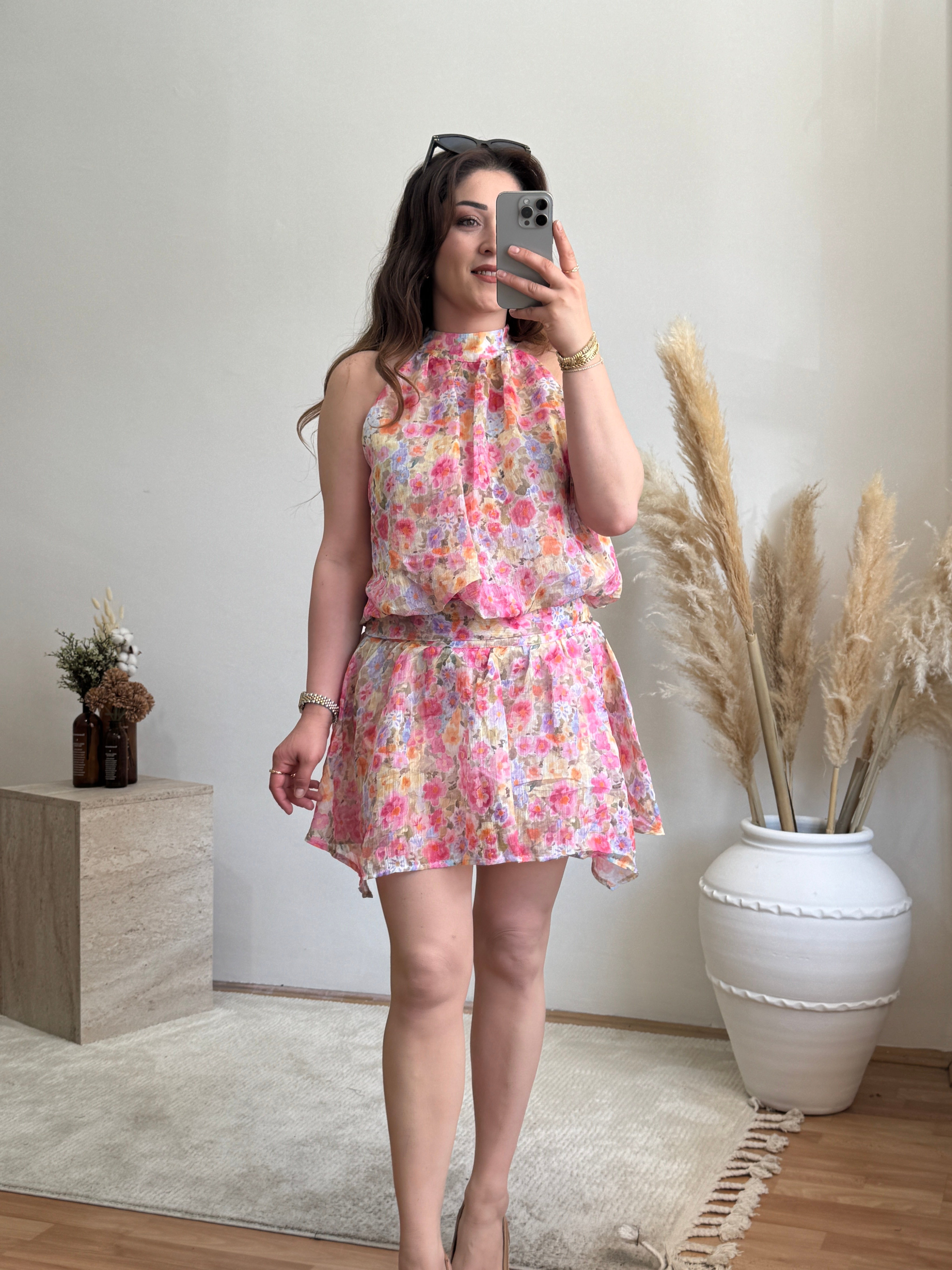 Çiçek Desenli Halter Yaka Bluz Pembe