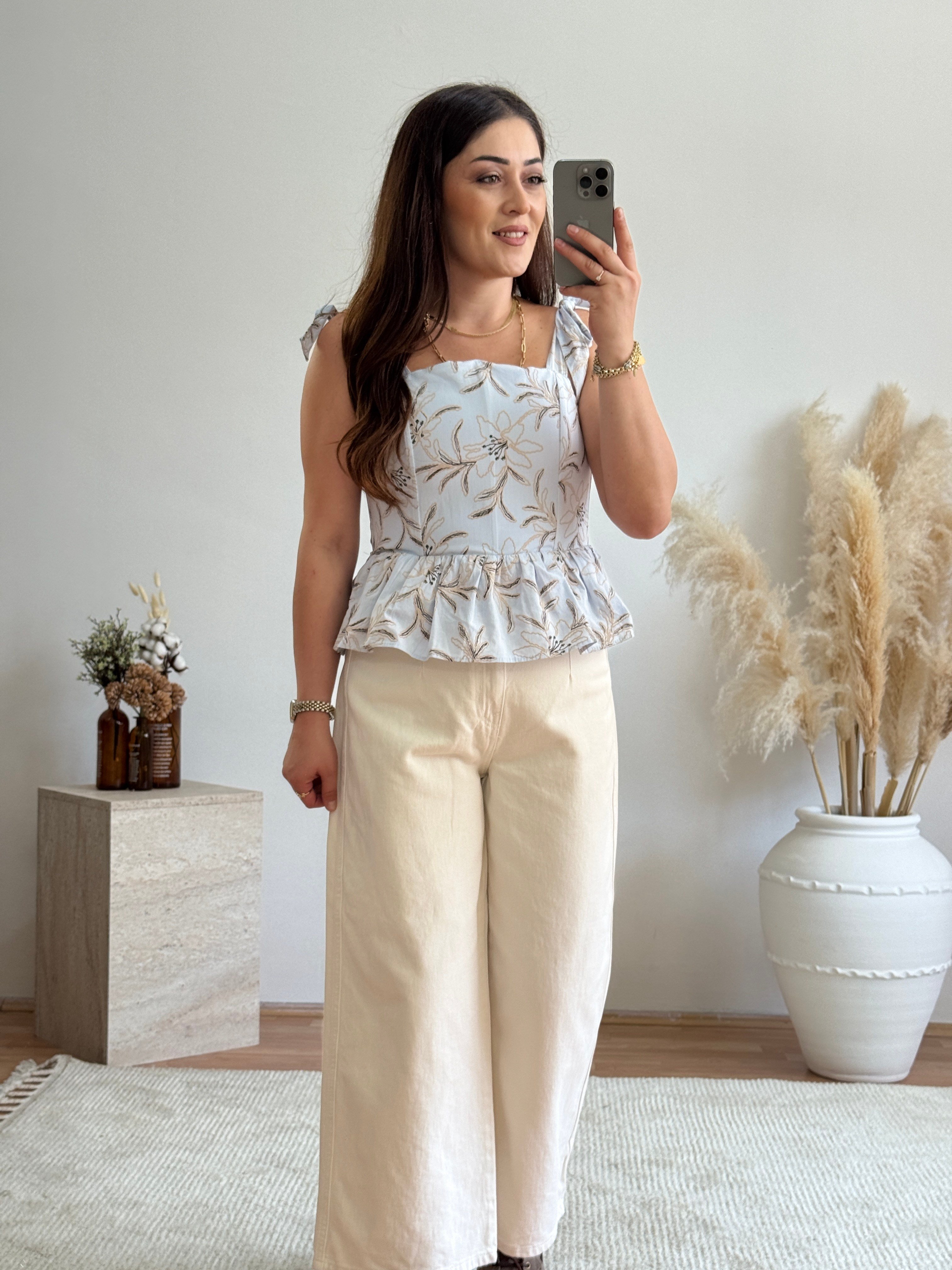 Çiçek Desenli Peplum Askılı Bluz-Mavi