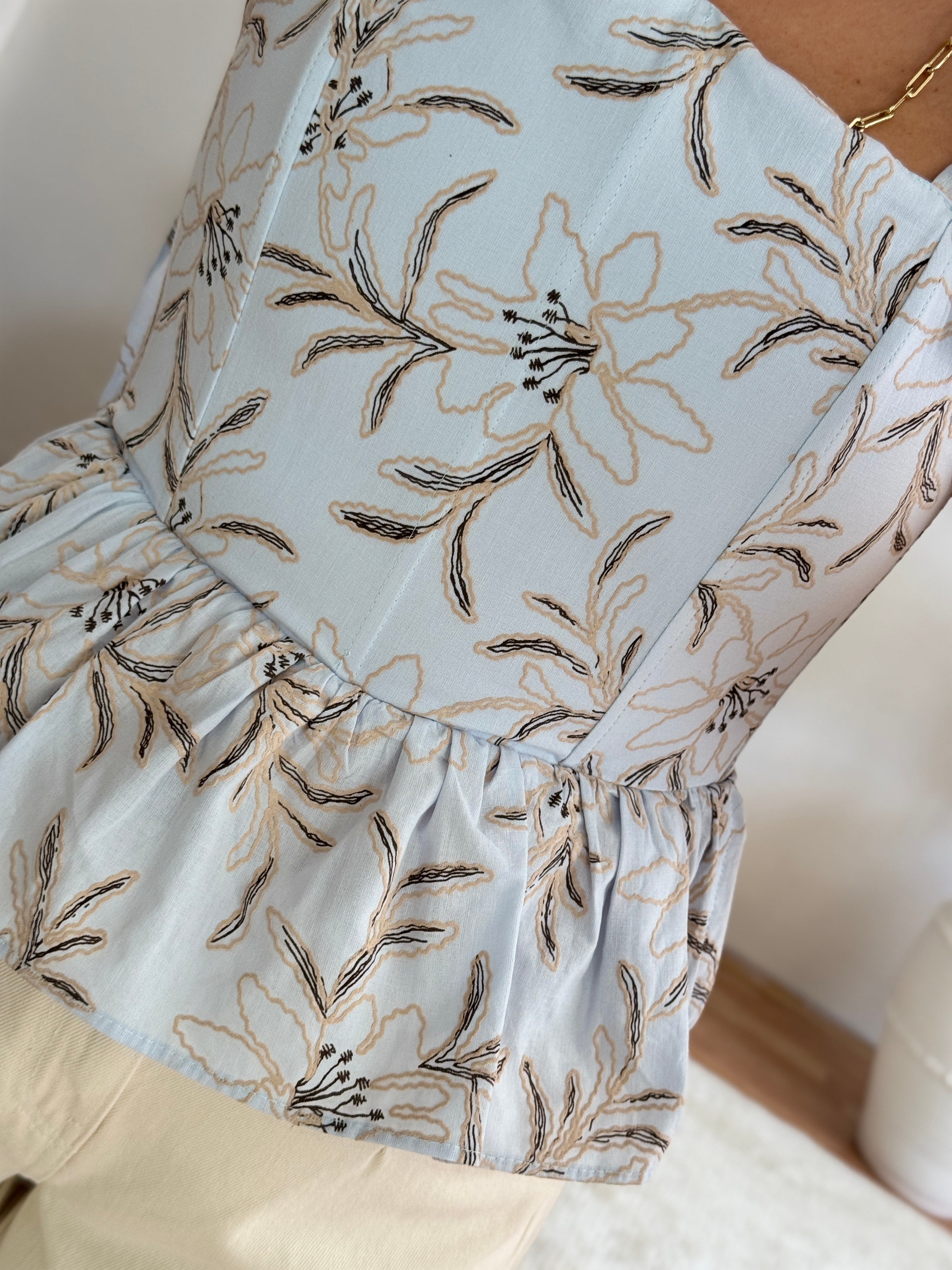 Çiçek Desenli Peplum Askılı Bluz-Mavi