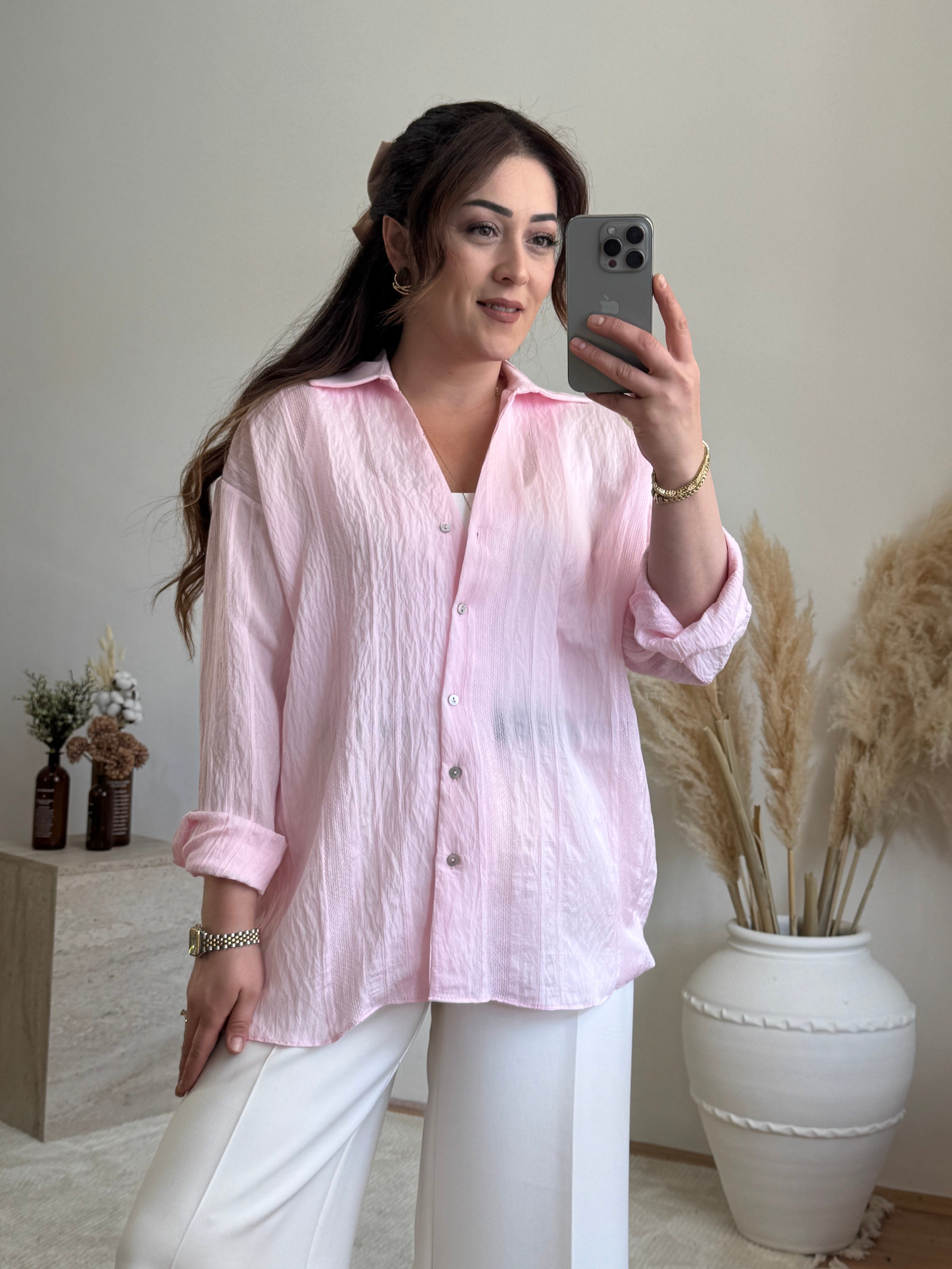 Çizgi dokulu transparan gömlek-Pembe