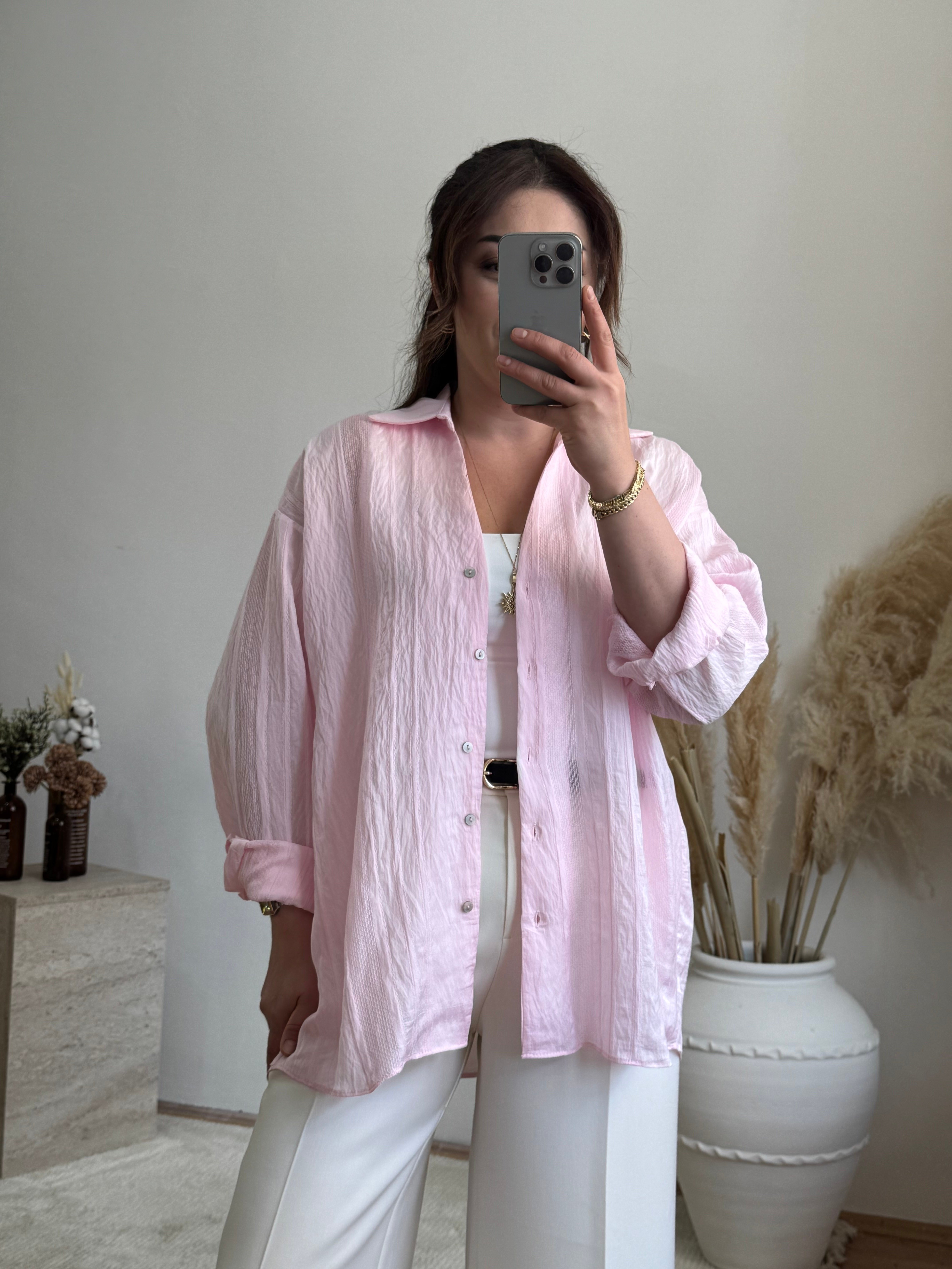 Çizgi dokulu transparan gömlek-Pembe