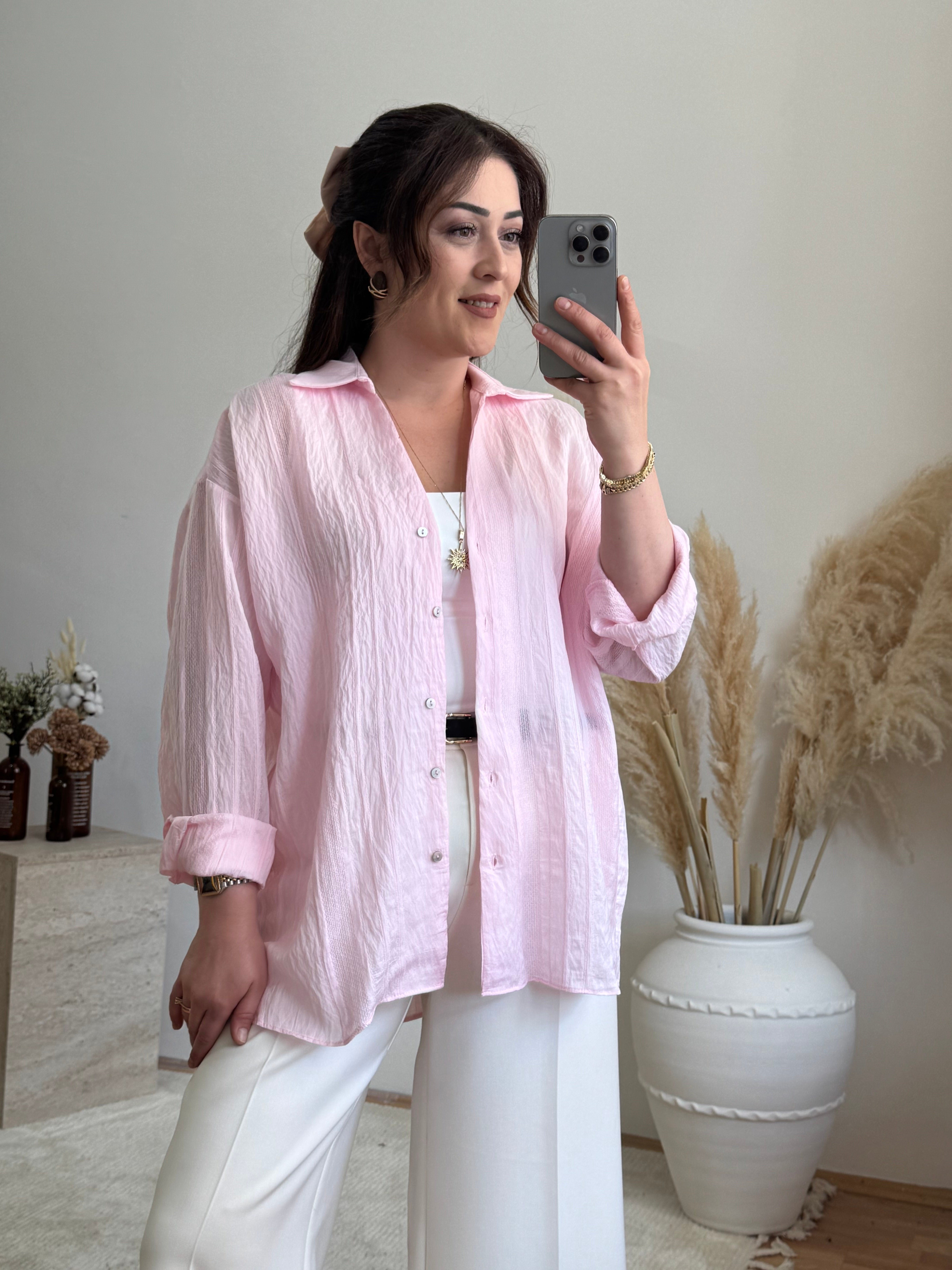 Çizgi dokulu transparan gömlek-Pembe