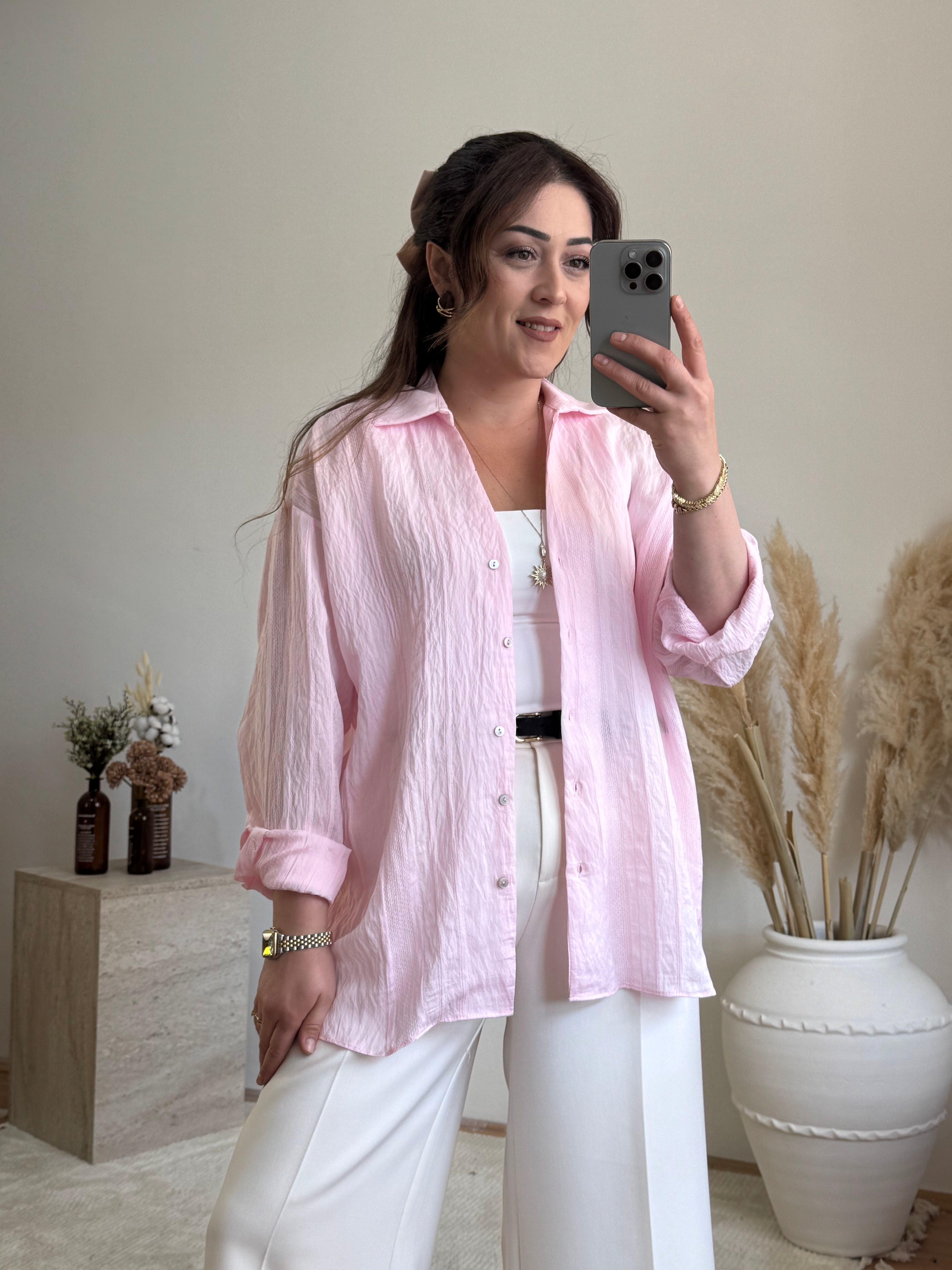 Çizgi dokulu transparan gömlek-Pembe
