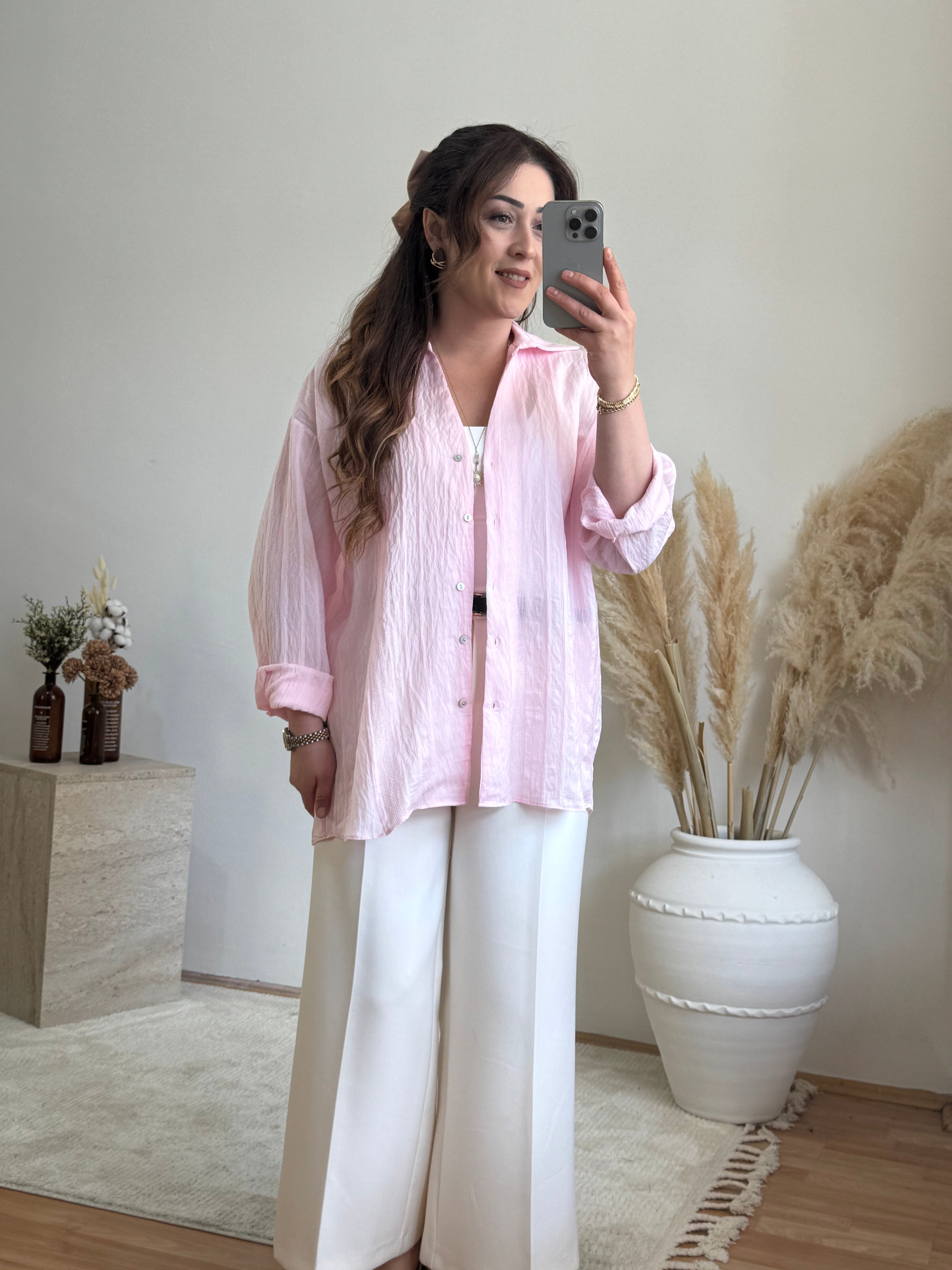 Çizgi dokulu transparan gömlek-Pembe