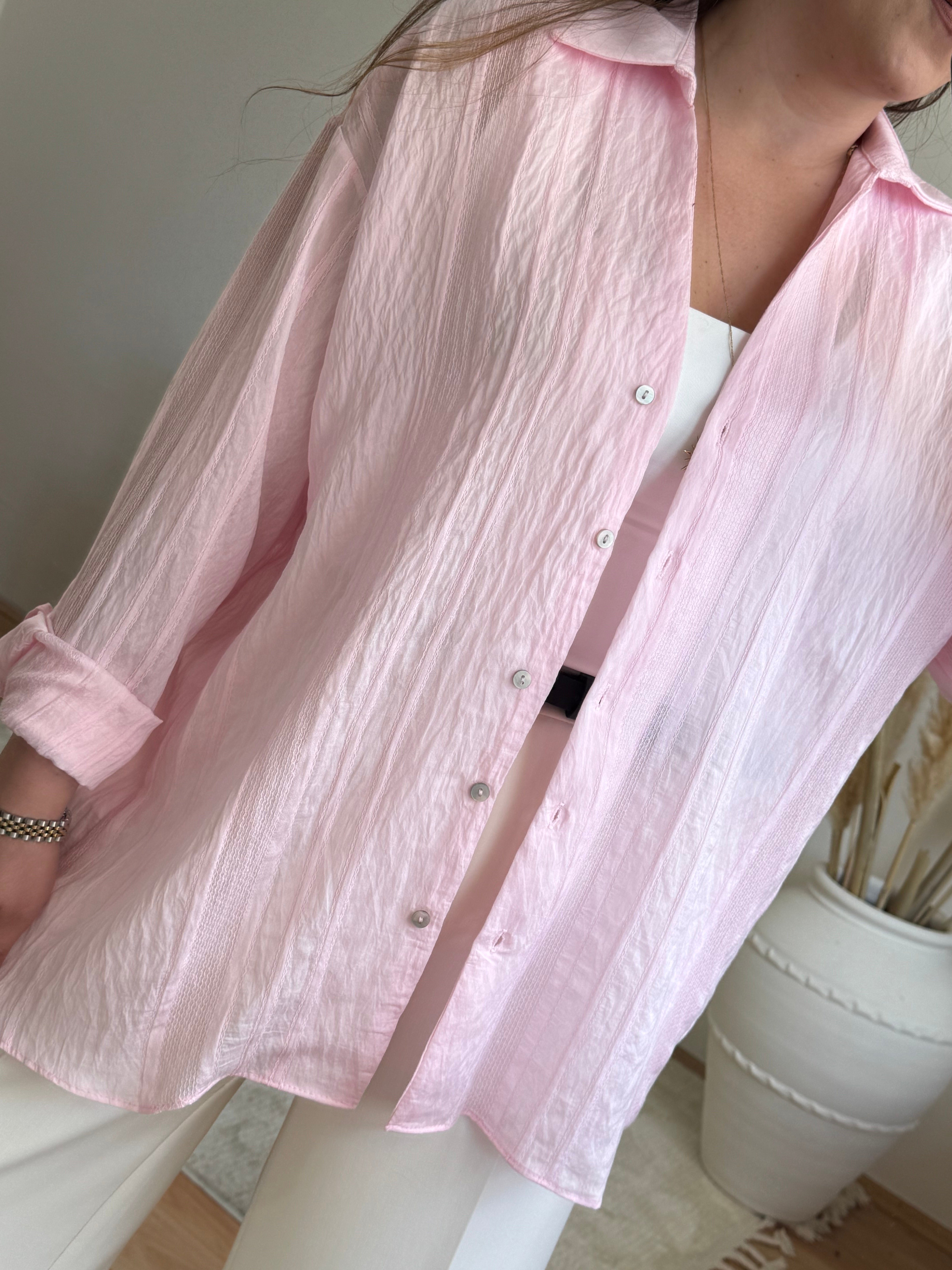 Çizgi dokulu transparan gömlek-Pembe