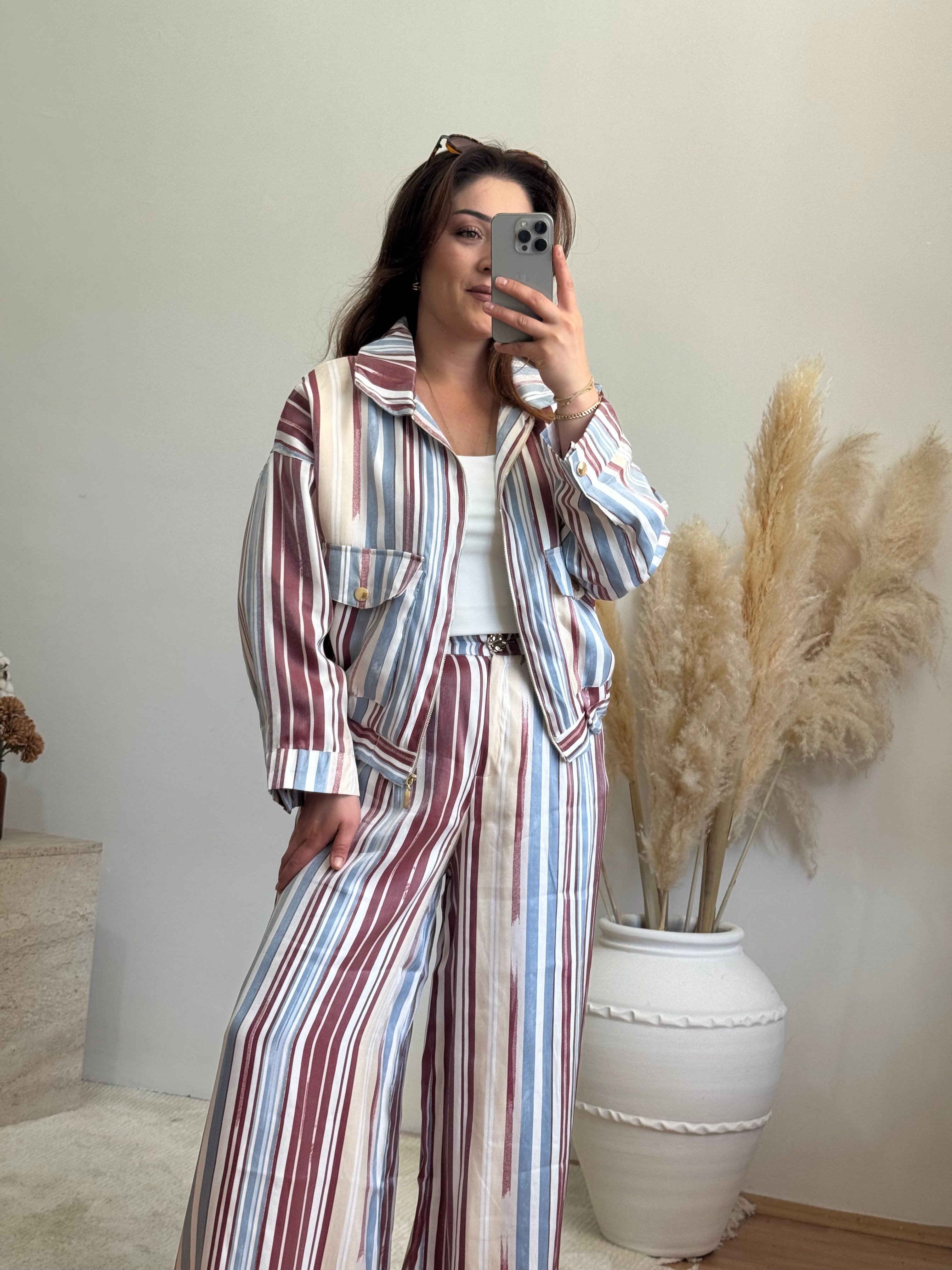 Çizgili Ceket Pantolon Takım – Çok Renkli