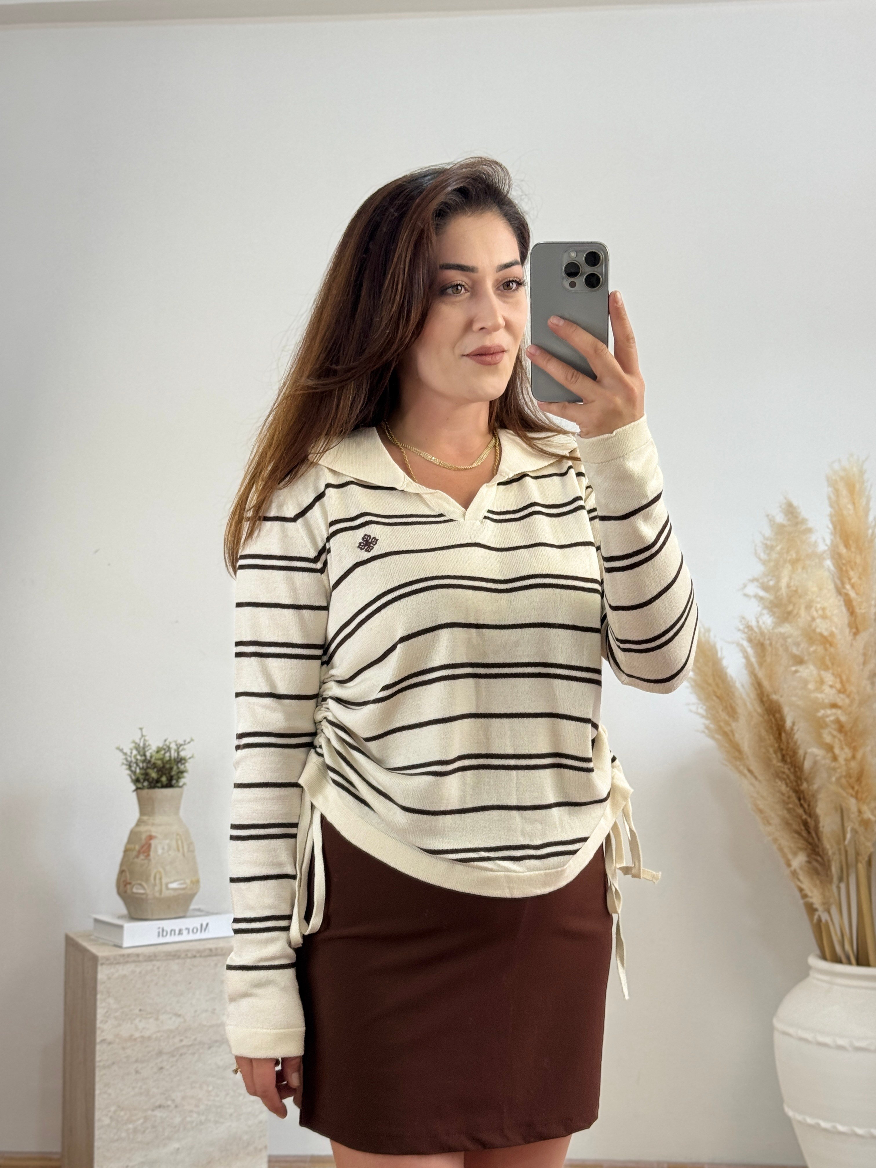 Çizgili Yan Büzgü Detaylı Triko Bluz