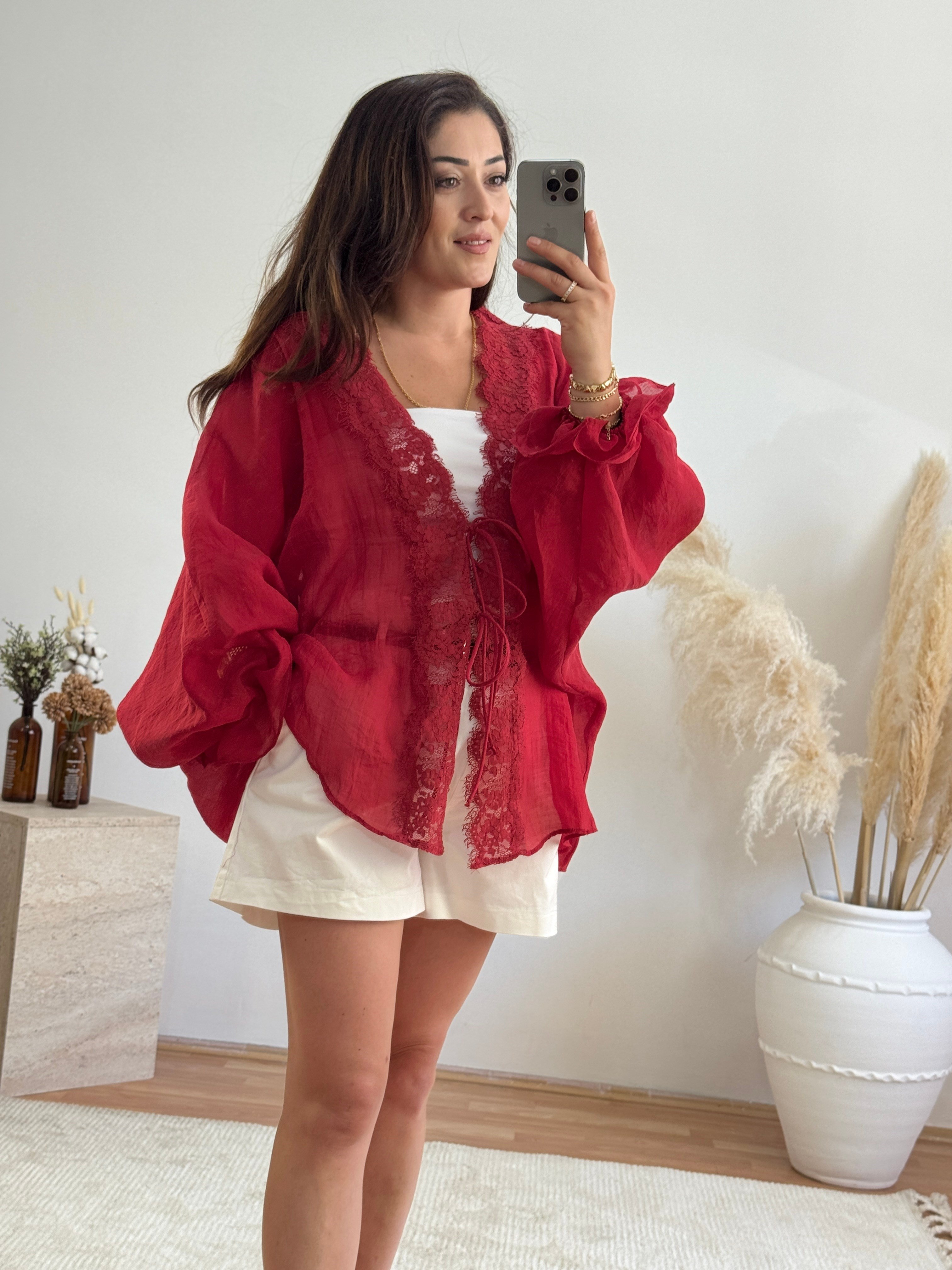 Dantel Detaylı Bağlamalı Kimono – Kırmızı
