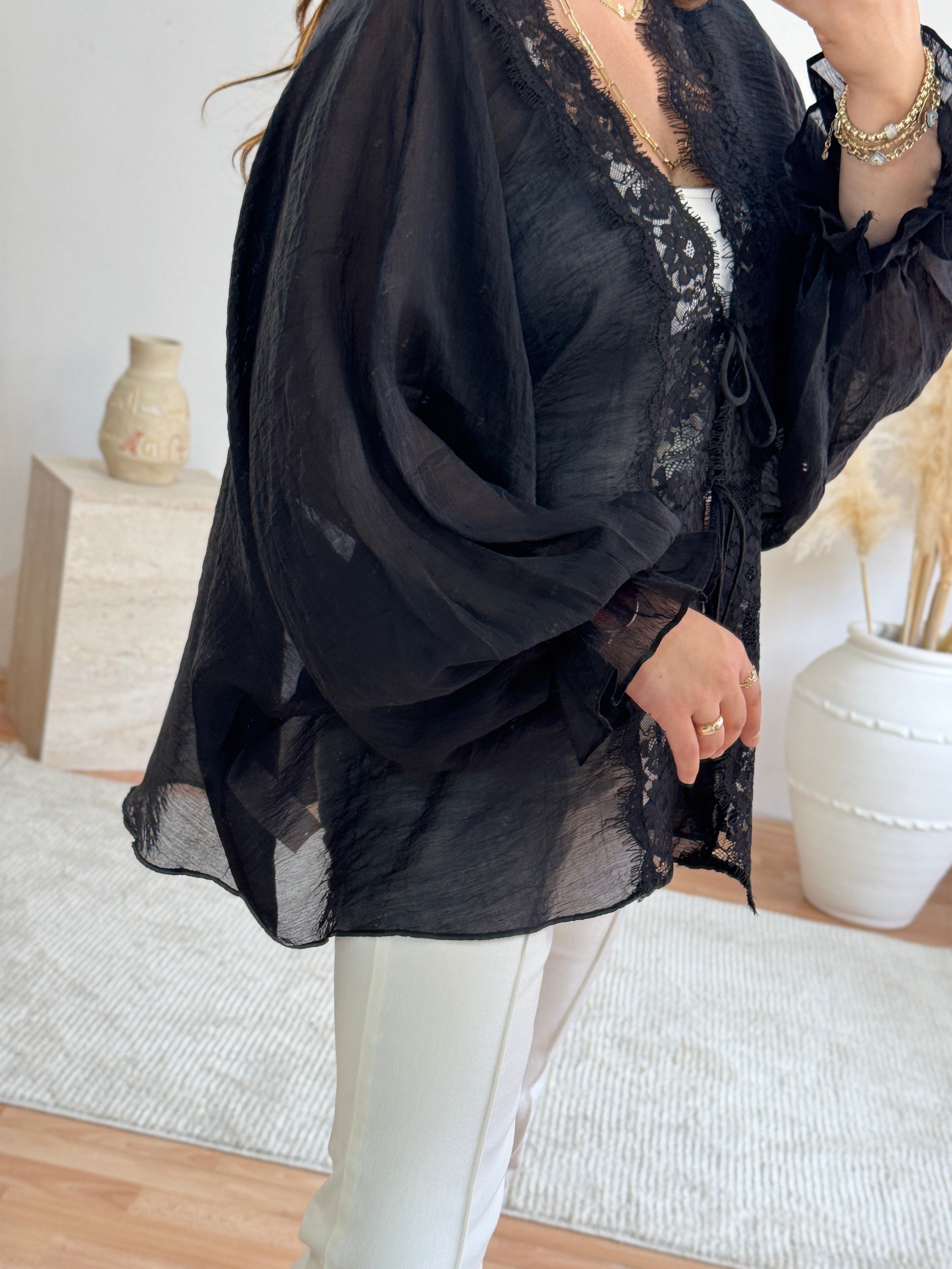 Dantel Detaylı Bağlamalı Kimono – Siyah