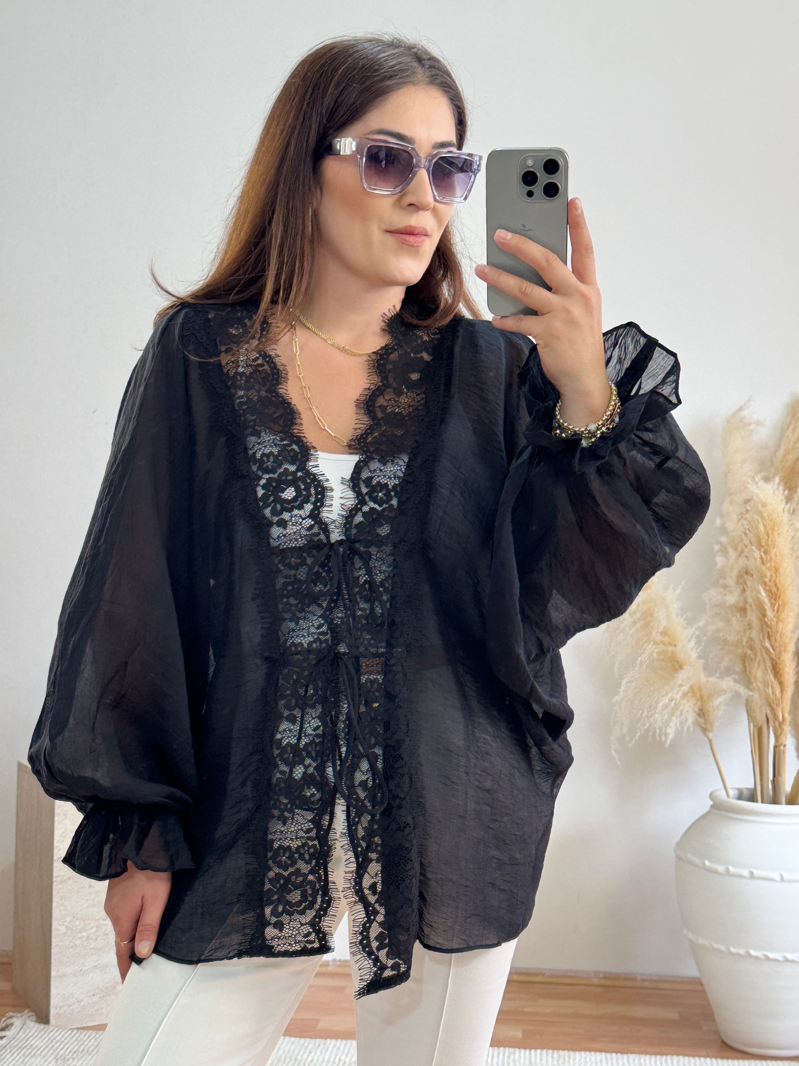 Dantel Detaylı Bağlamalı Kimono – Siyah