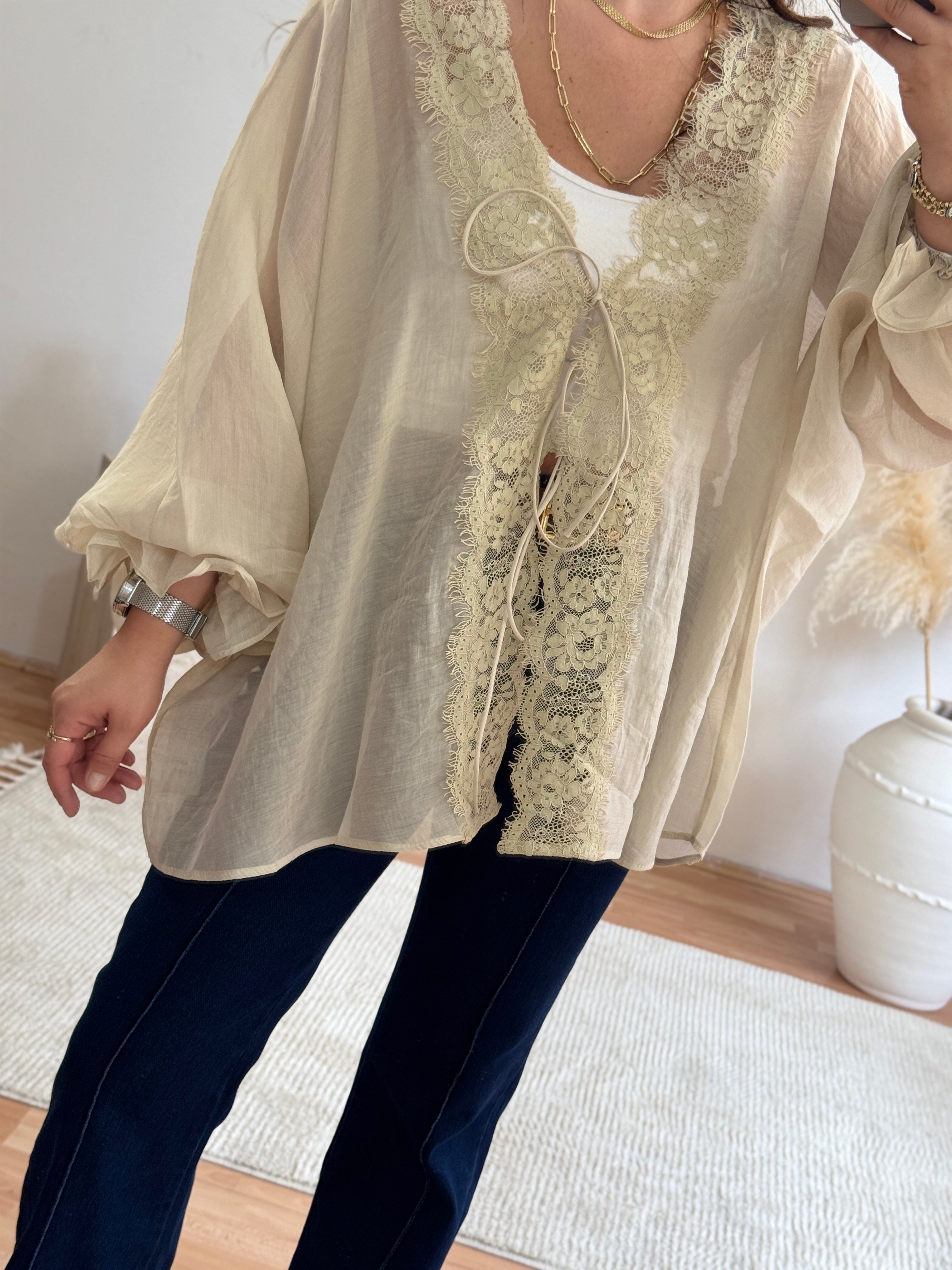 Dantel Detaylı Bağlamalı Kimono – Taş