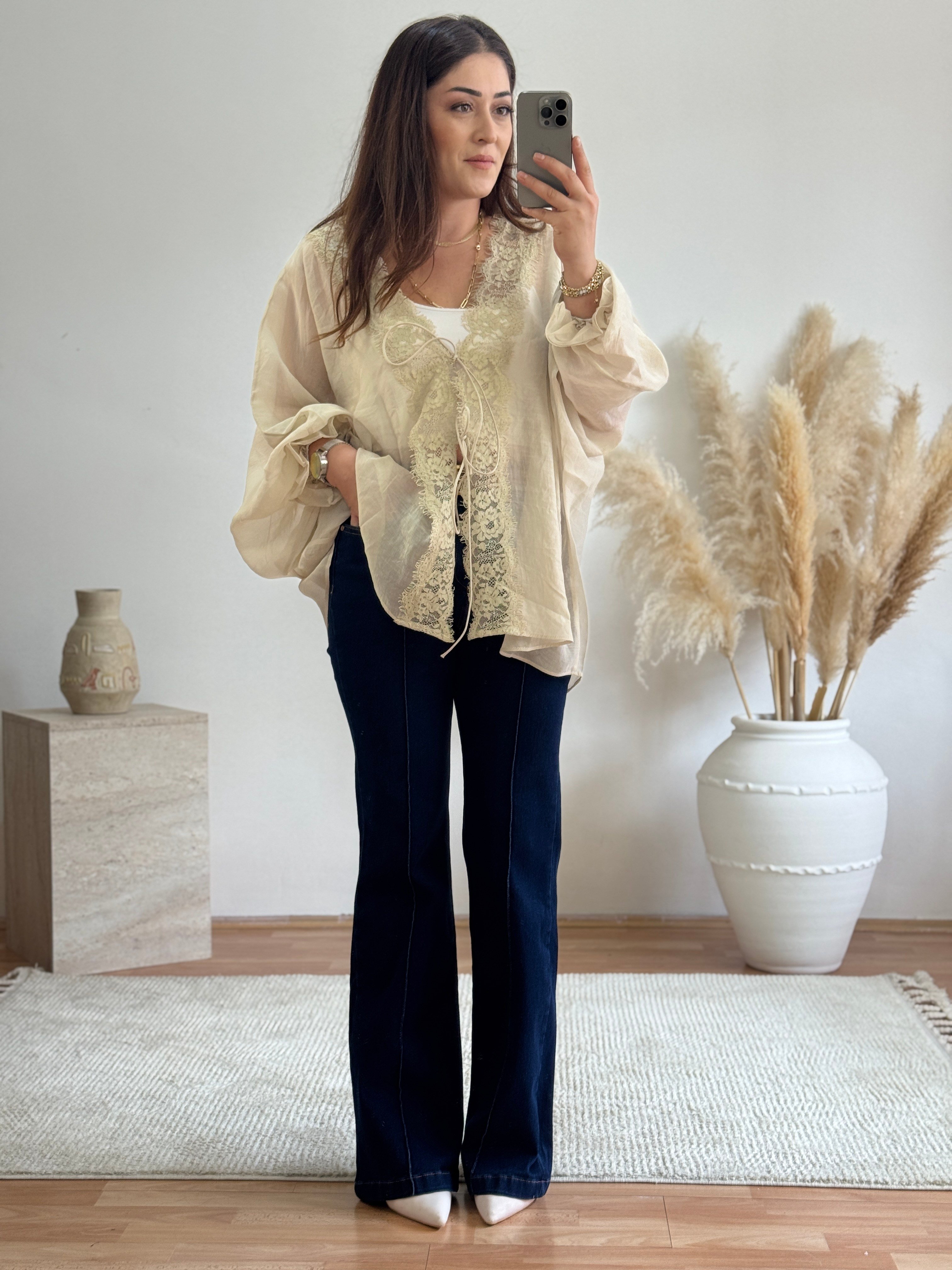 Dantel Detaylı Bağlamalı Kimono – Taş
