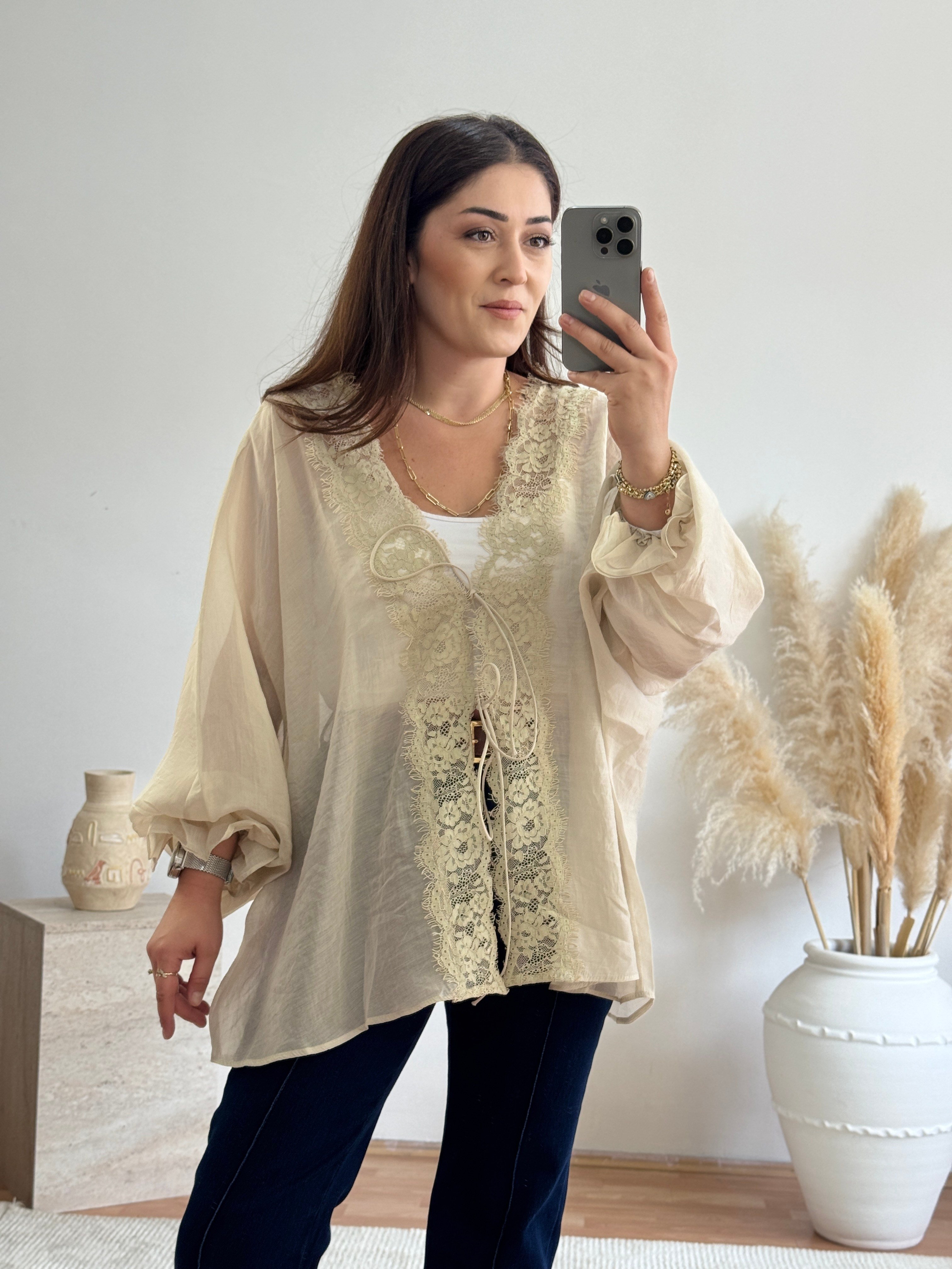 Dantel Detaylı Bağlamalı Kimono – Taş