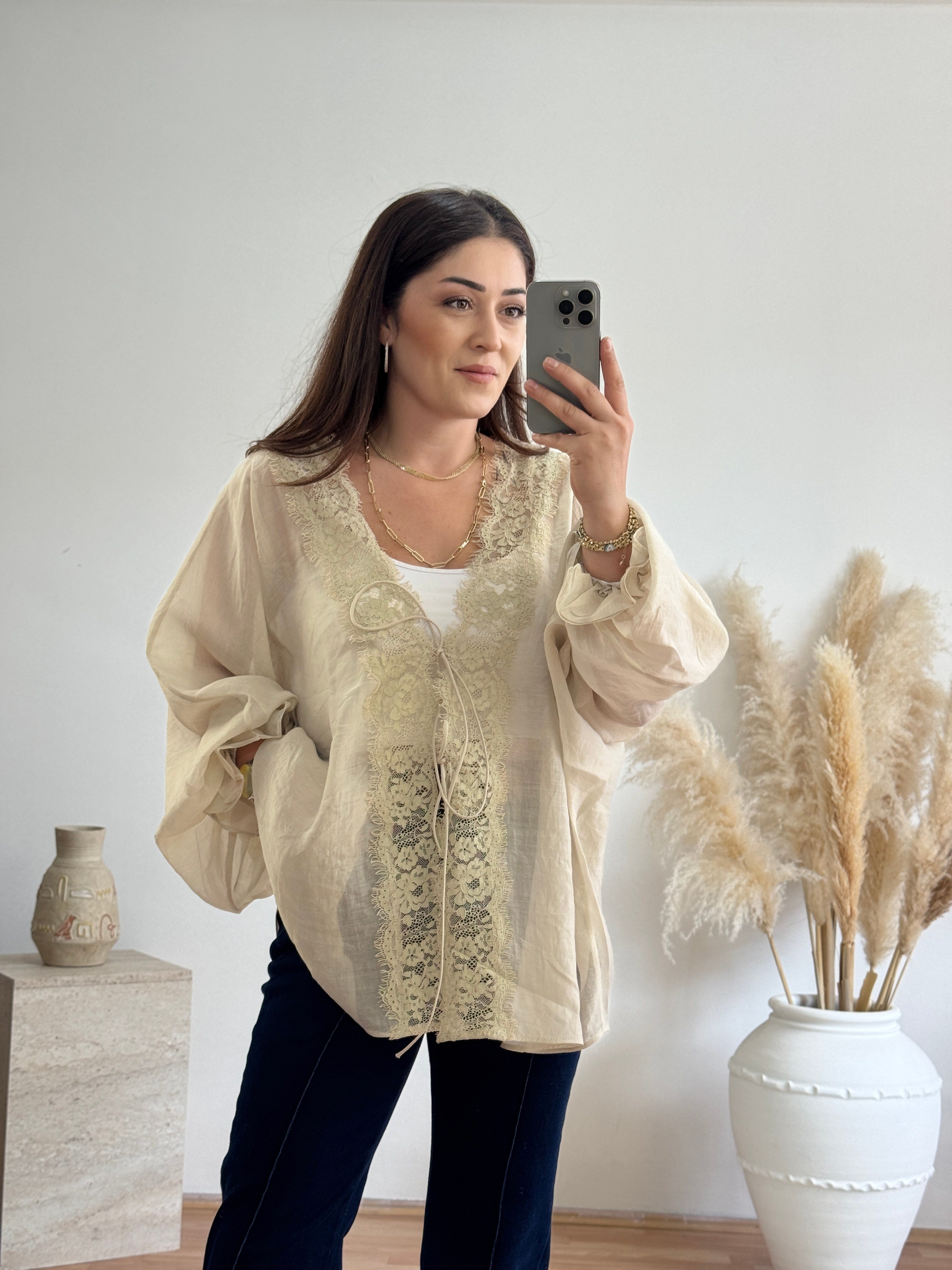 Dantel Detaylı Bağlamalı Kimono – Taş