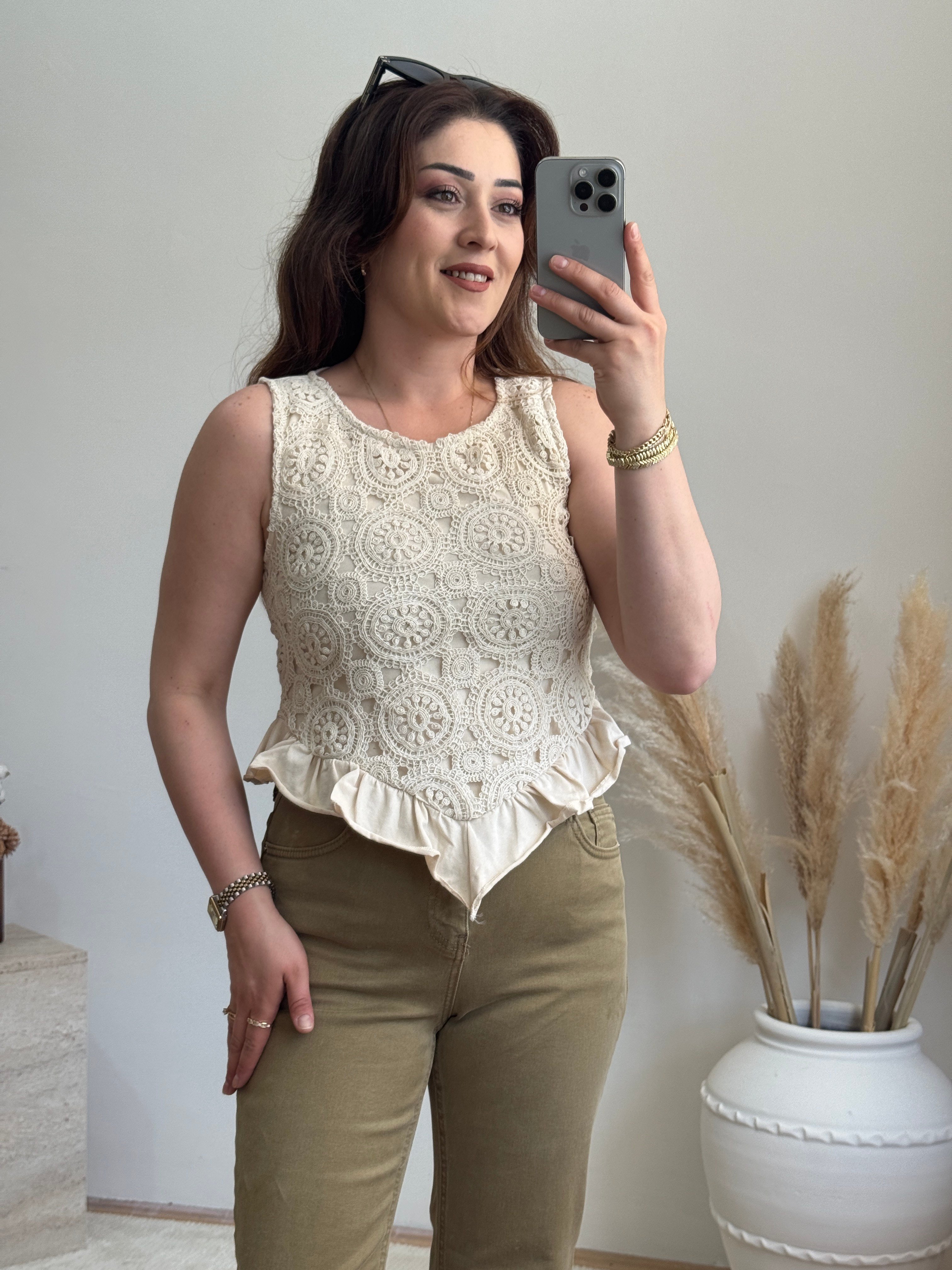 Dantel Örgü Crop Bluz-Ekru