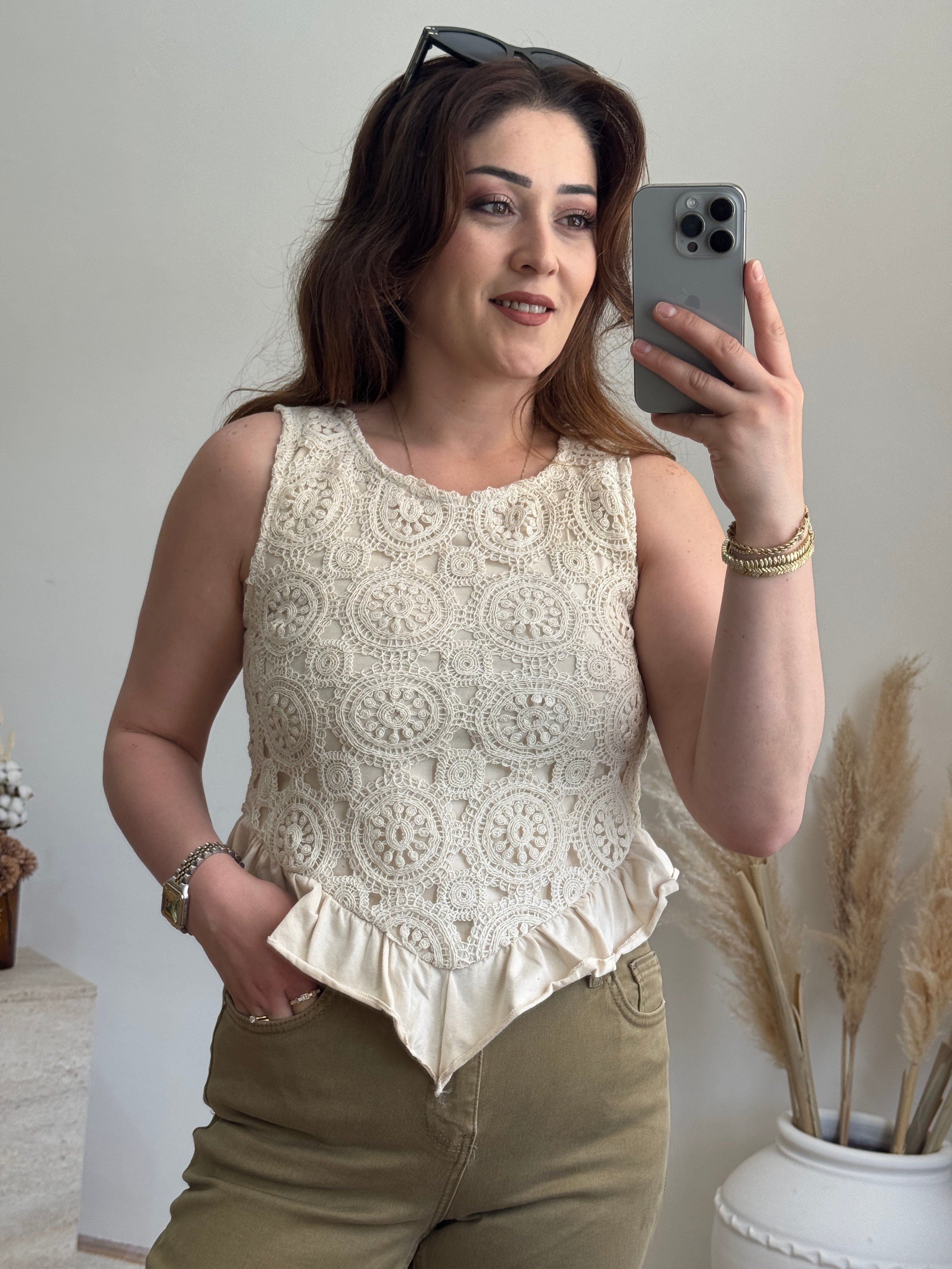 Dantel Örgü Crop Bluz-Ekru