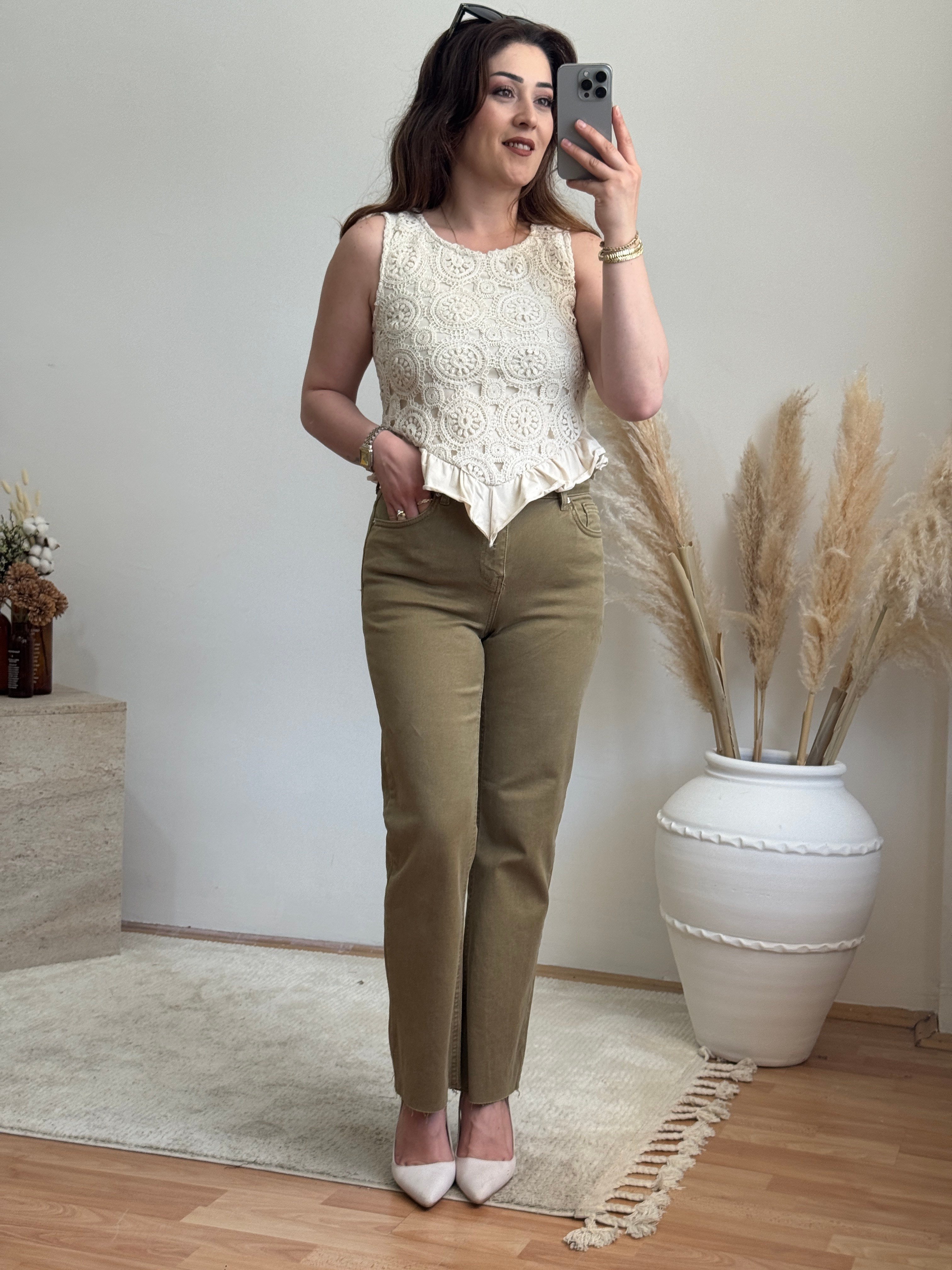 Dantel Örgü Crop Bluz-Ekru