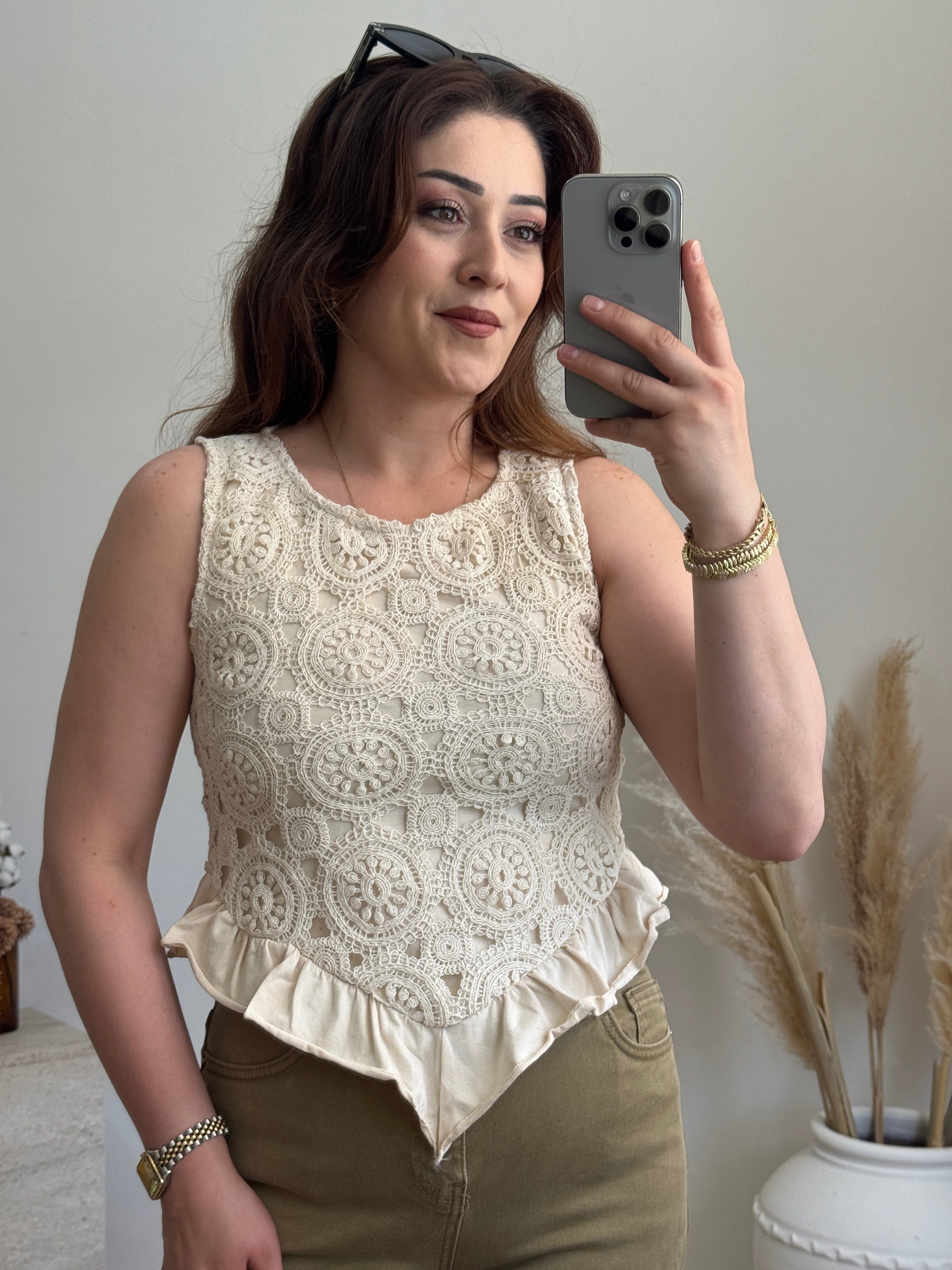 Dantel Örgü Crop Bluz-Ekru