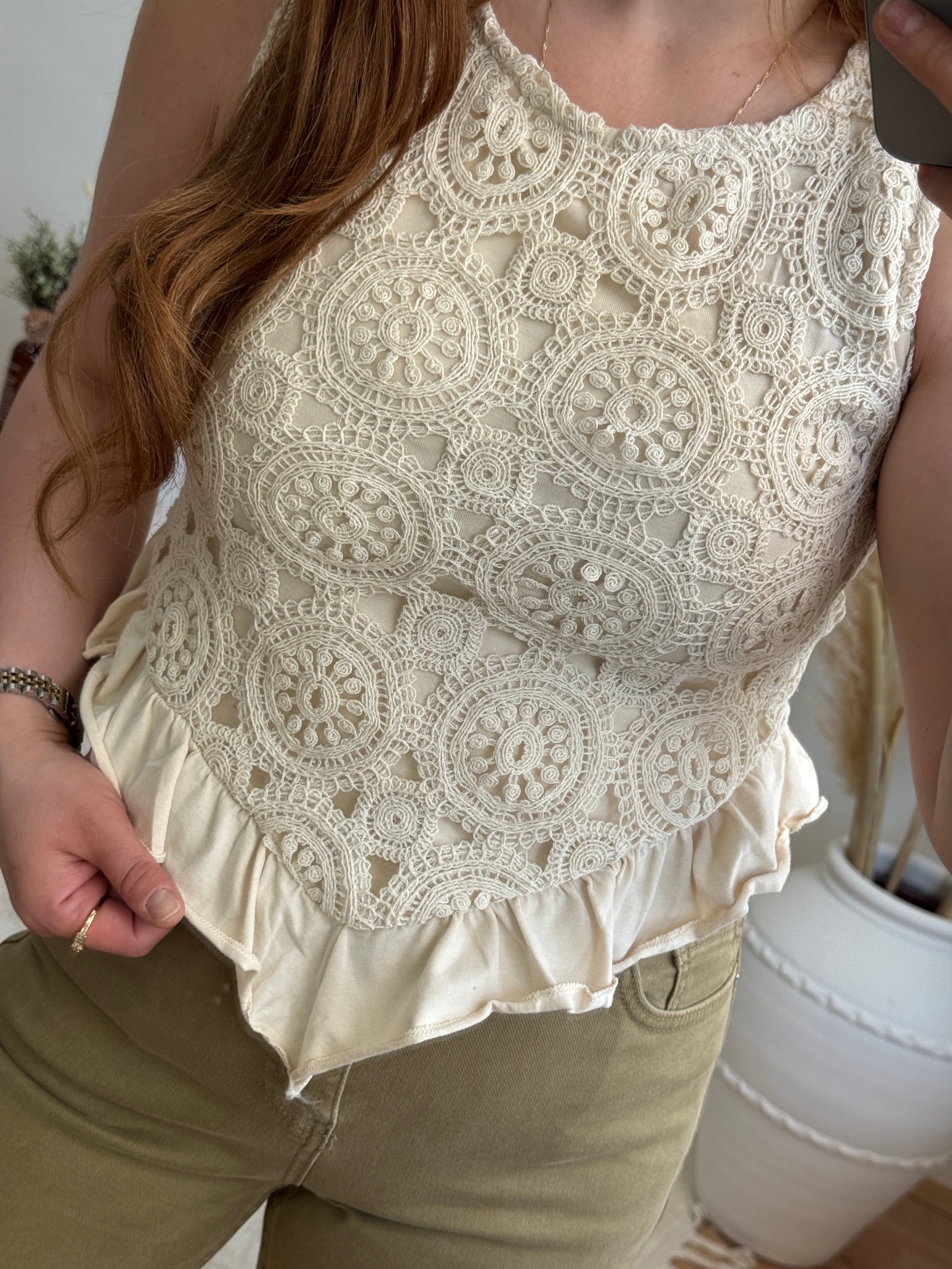Dantel Örgü Crop Bluz-Ekru