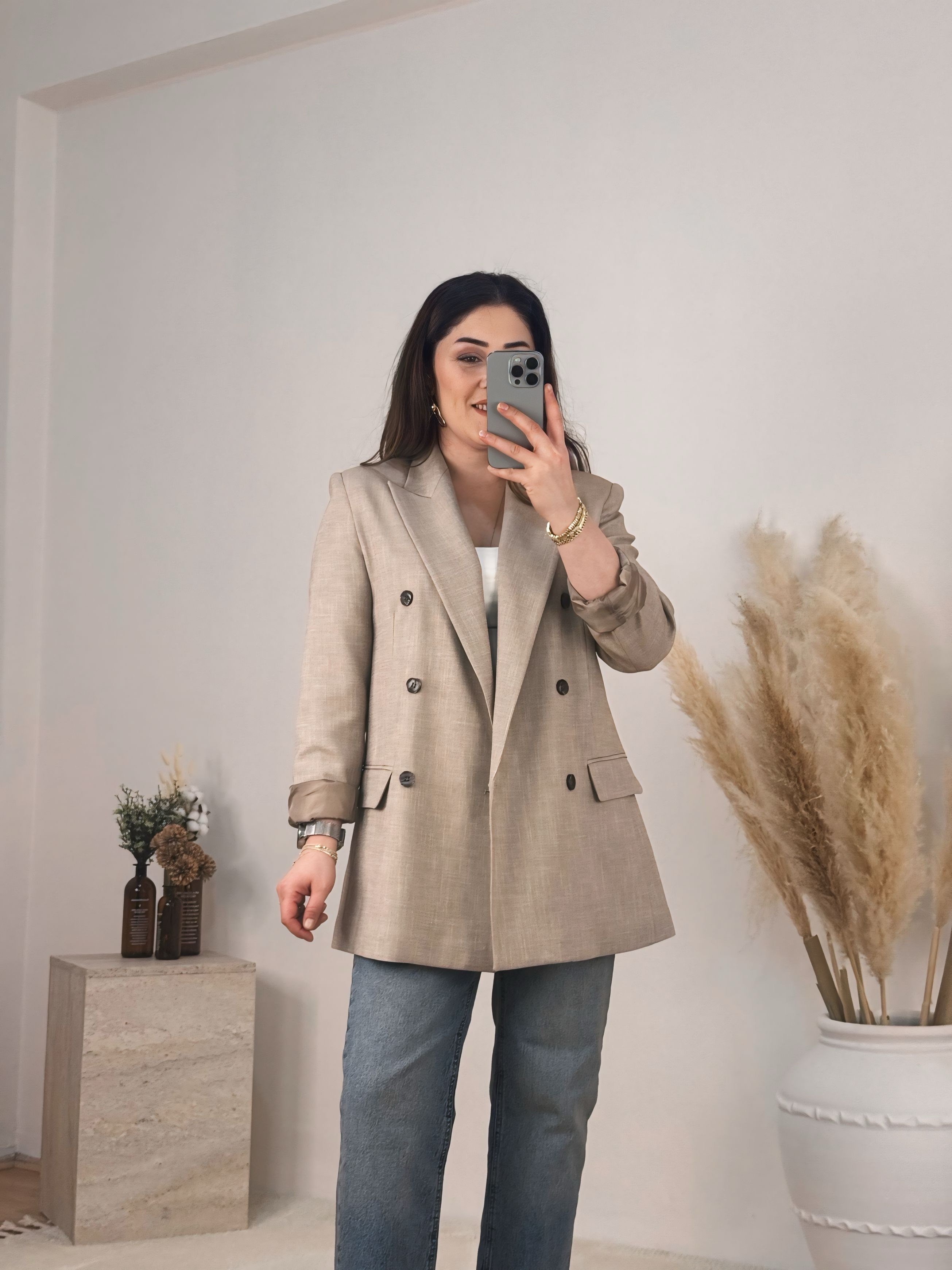 Dilvin Kruvaze Düğme Detaylı Blazer Ceket-Vizon