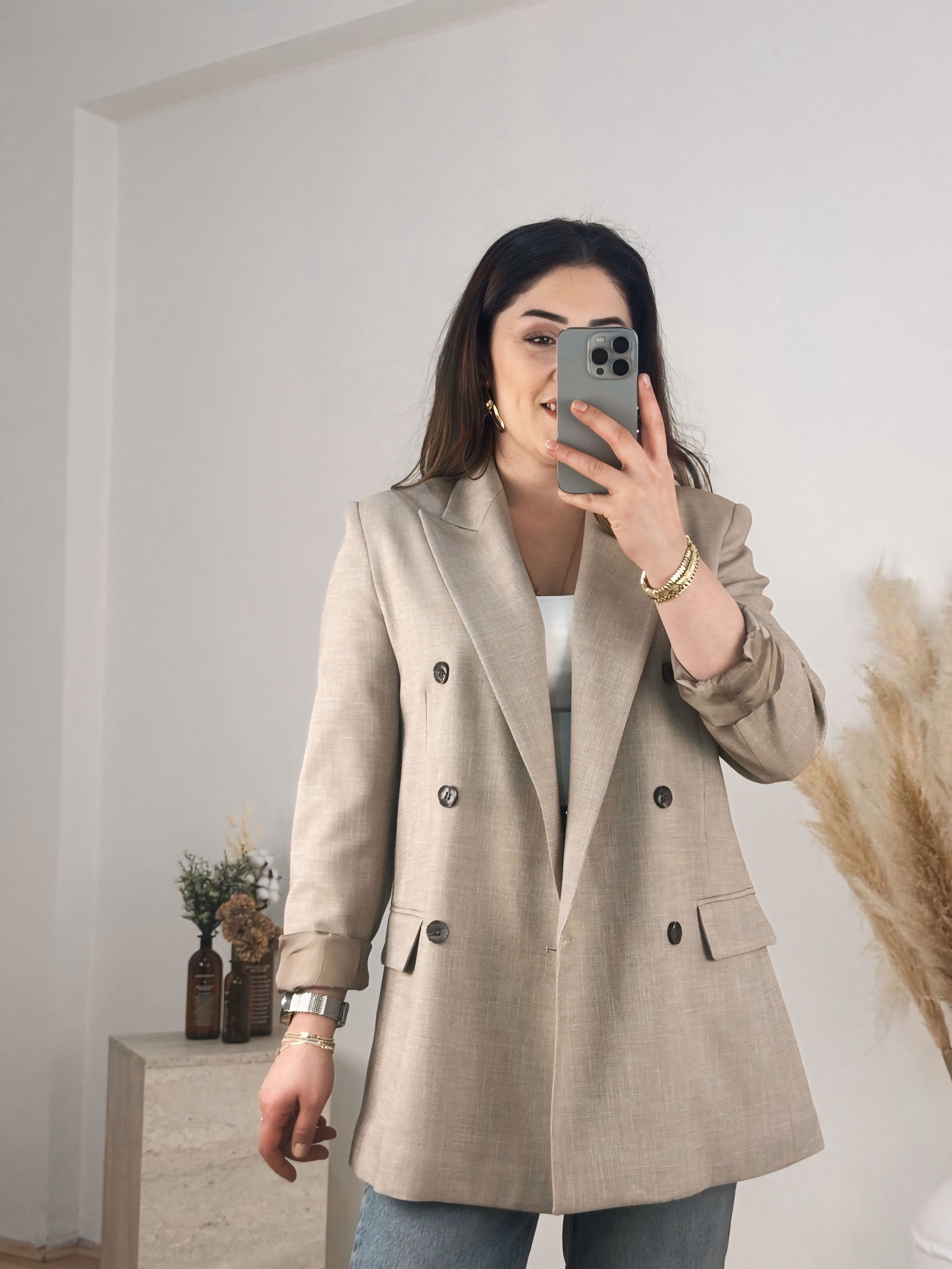 Dilvin Kruvaze Düğme Detaylı Blazer Ceket-Vizon