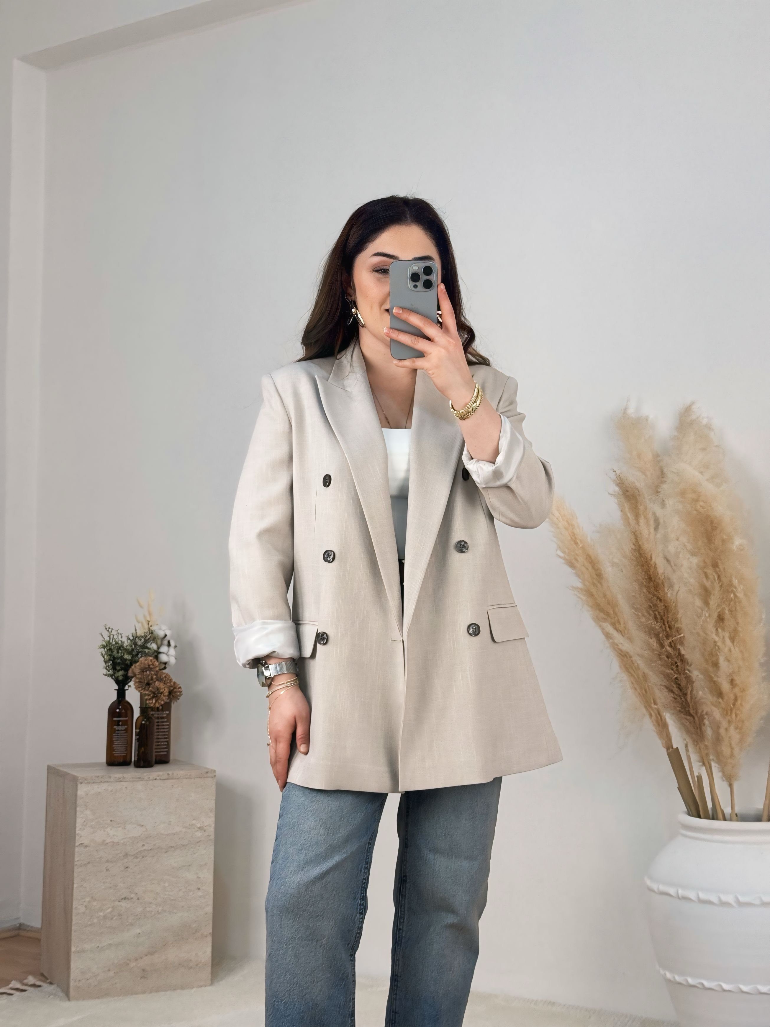 Dilvin Kruvaze Düğme Detaylı Blazer Ceket-Taş