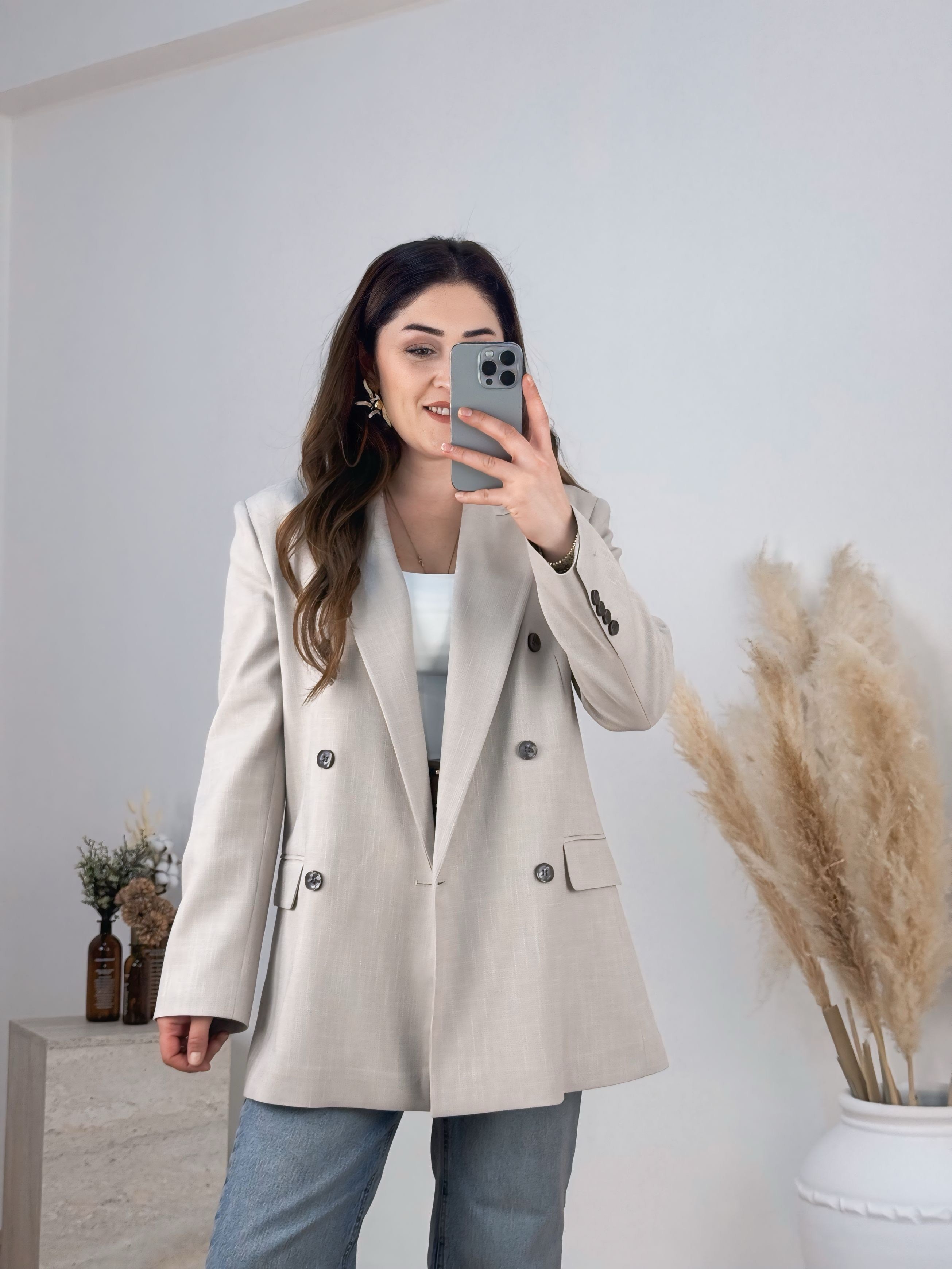 Dilvin Kruvaze Düğme Detaylı Blazer Ceket-Taş