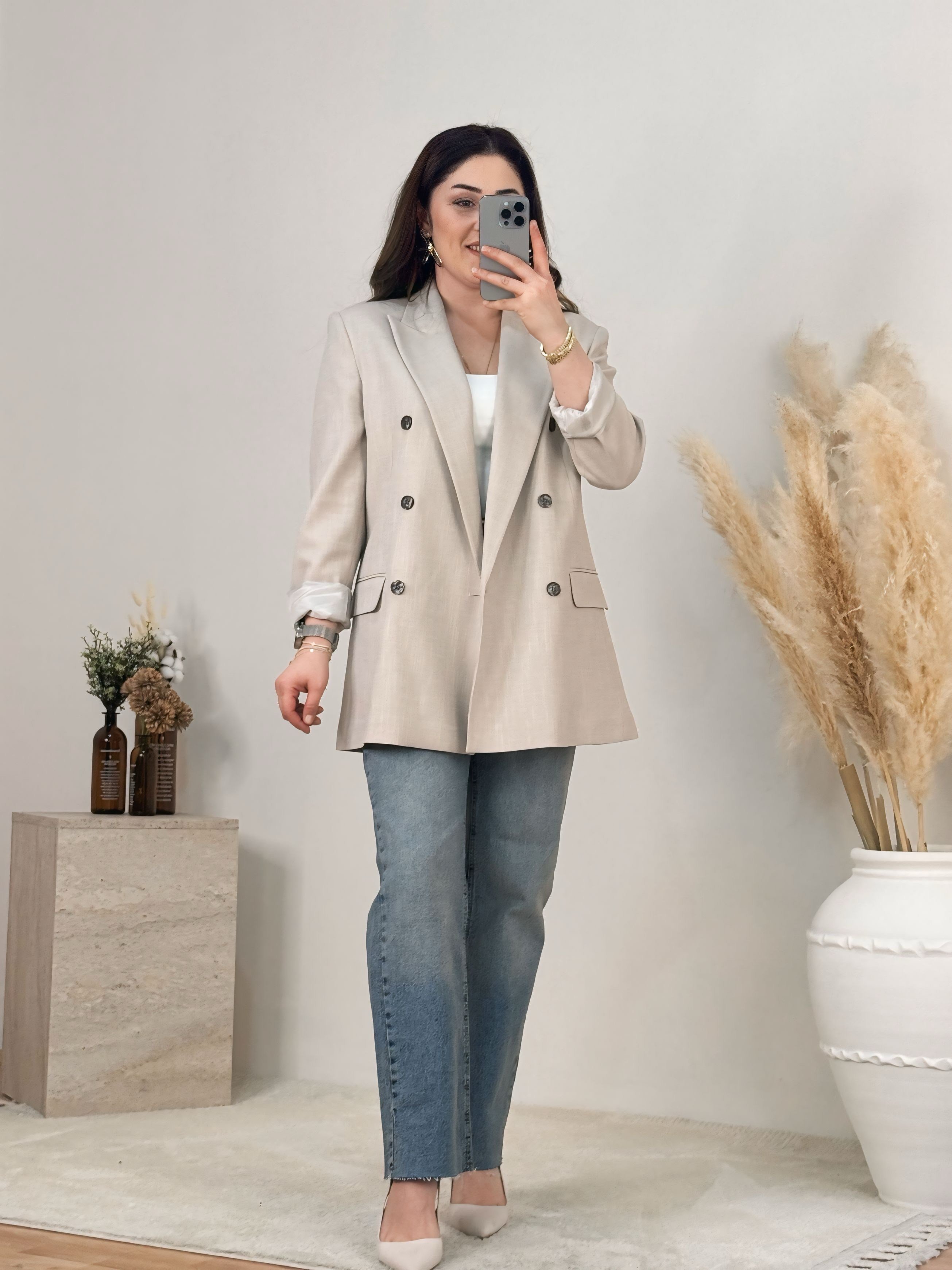 Dilvin Kruvaze Düğme Detaylı Blazer Ceket-Taş