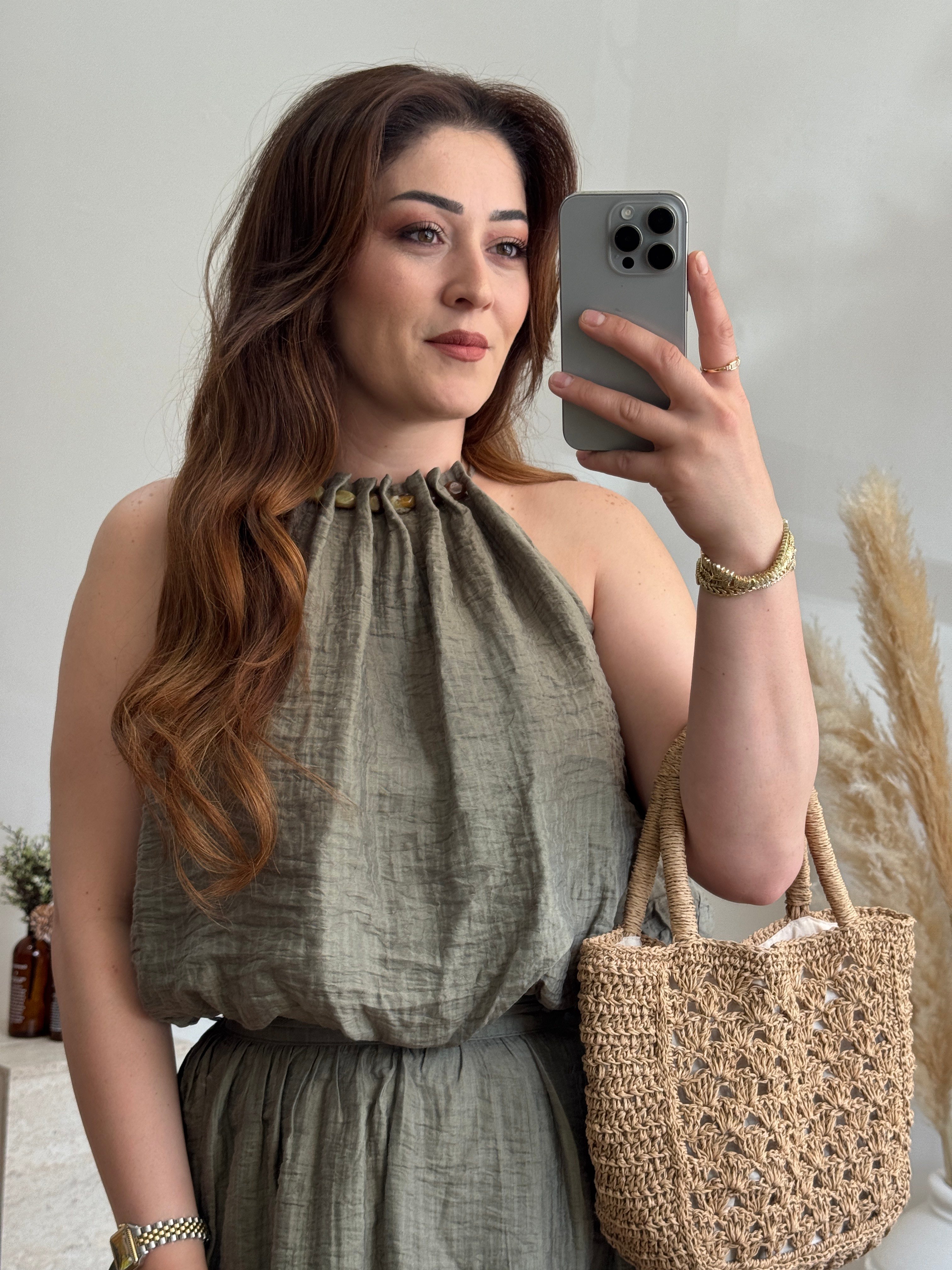 Doğal Dokulu Halter Yaka Bluz-Haki