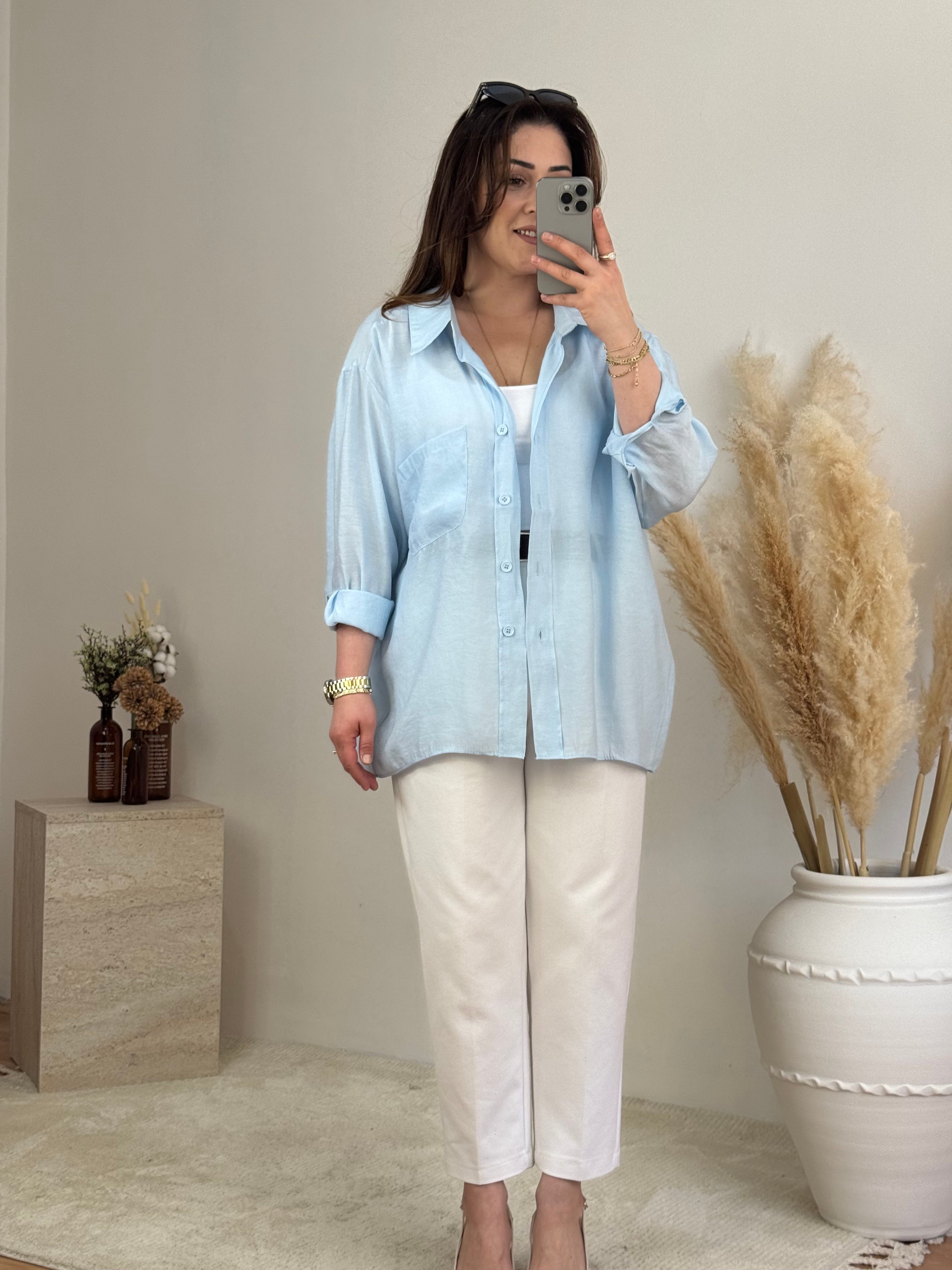 Düşük Omuz Oversize Gömlek- Bebe Mavi