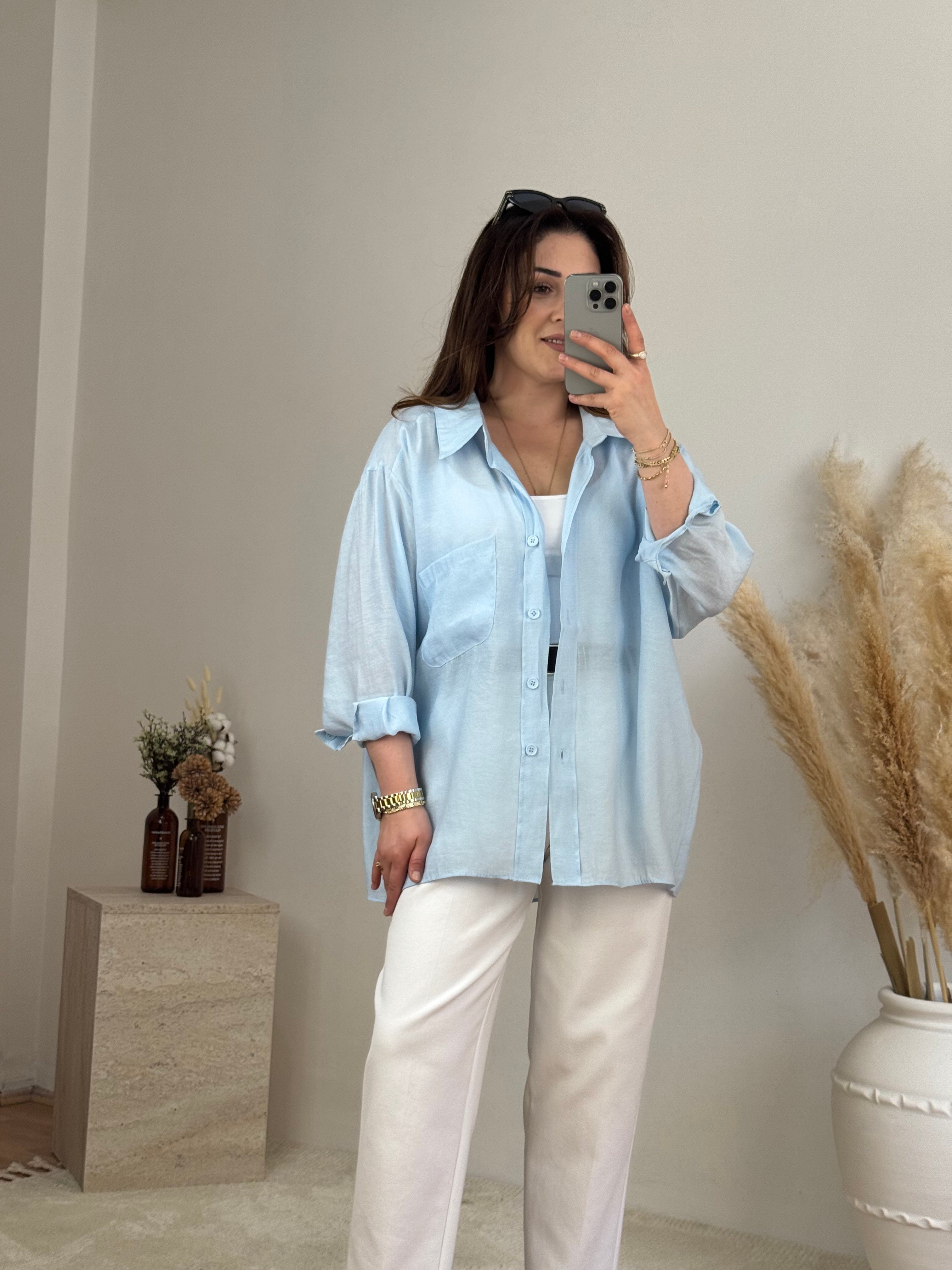 Düşük Omuz Oversize Gömlek- Bebe Mavi
