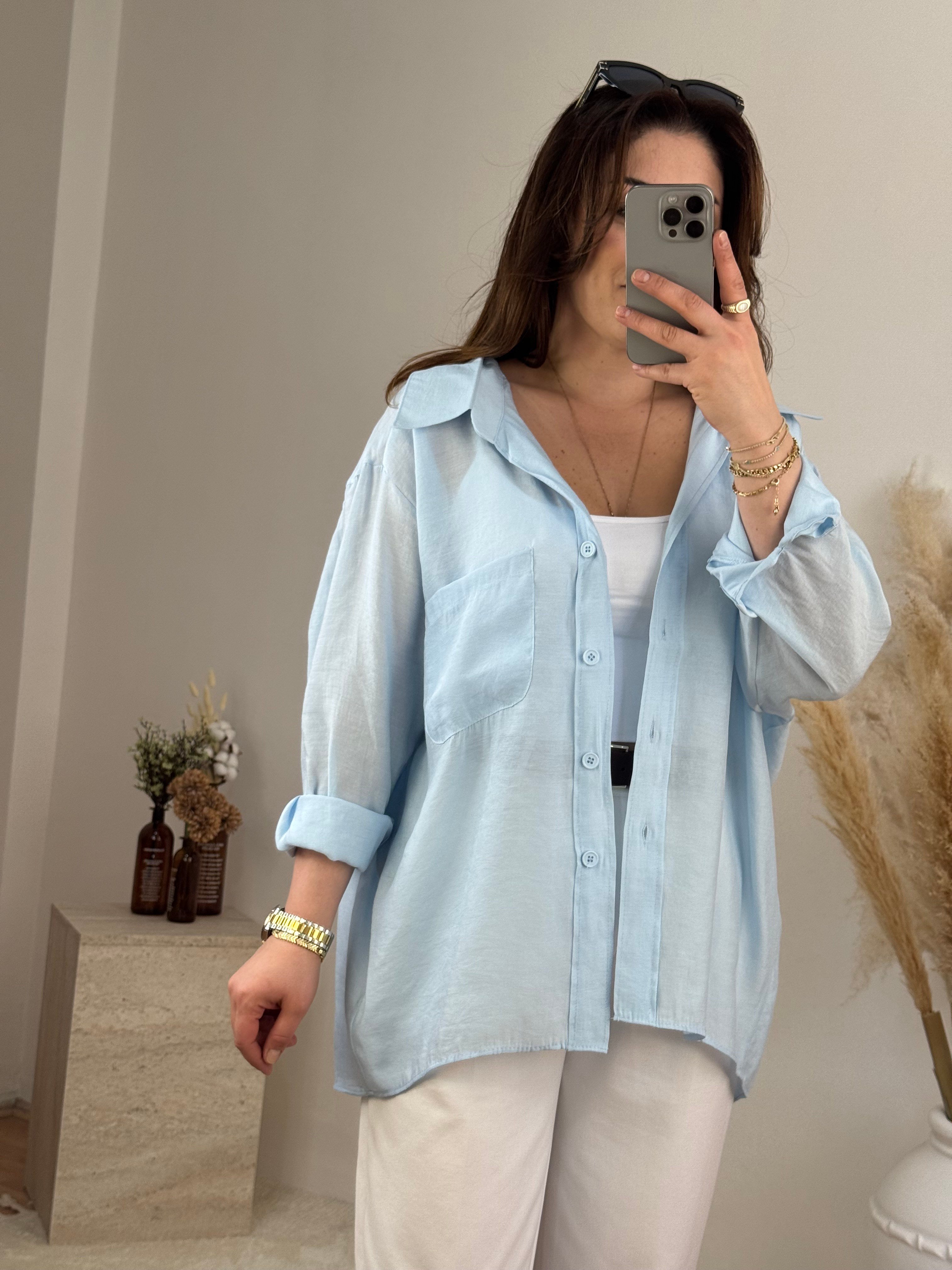 Düşük Omuz Oversize Gömlek- Bebe Mavi
