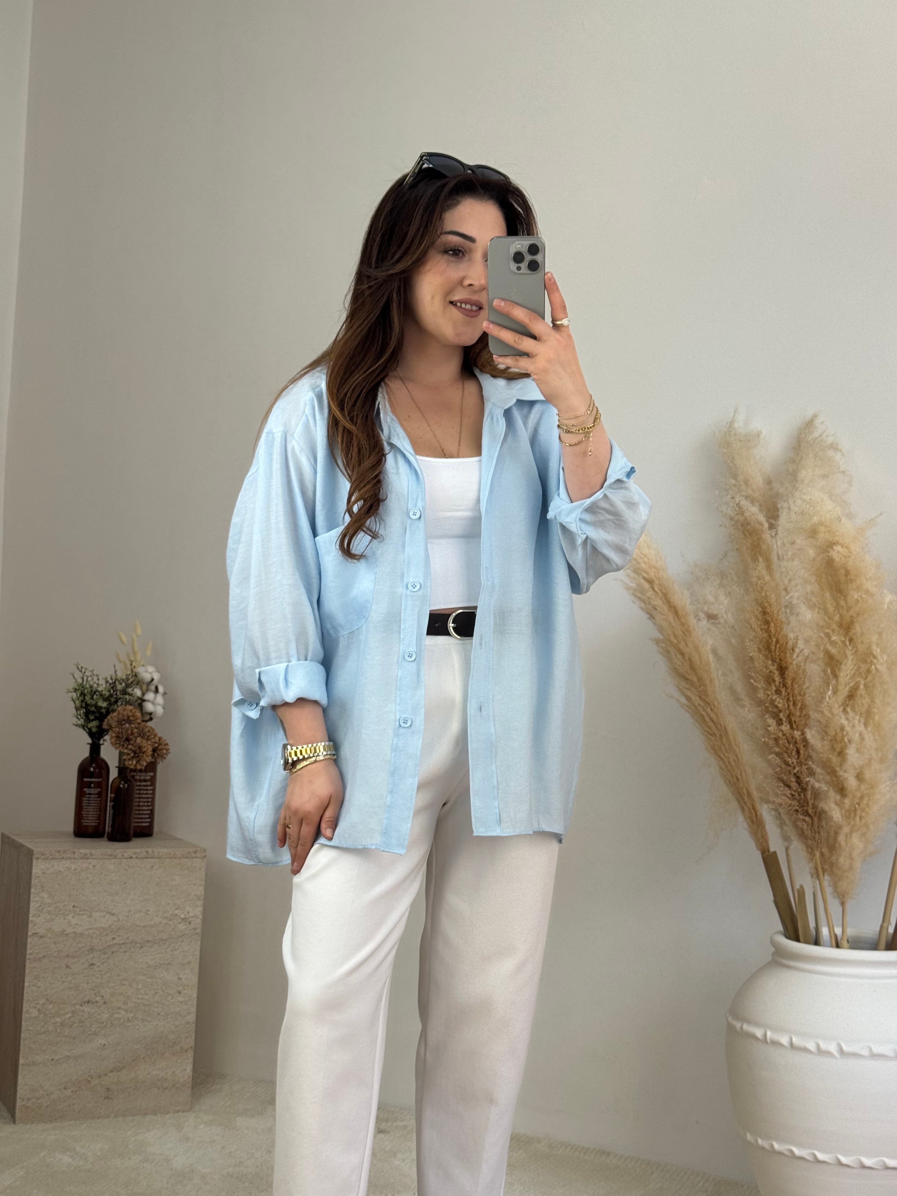 Düşük Omuz Oversize Gömlek- Bebe Mavi