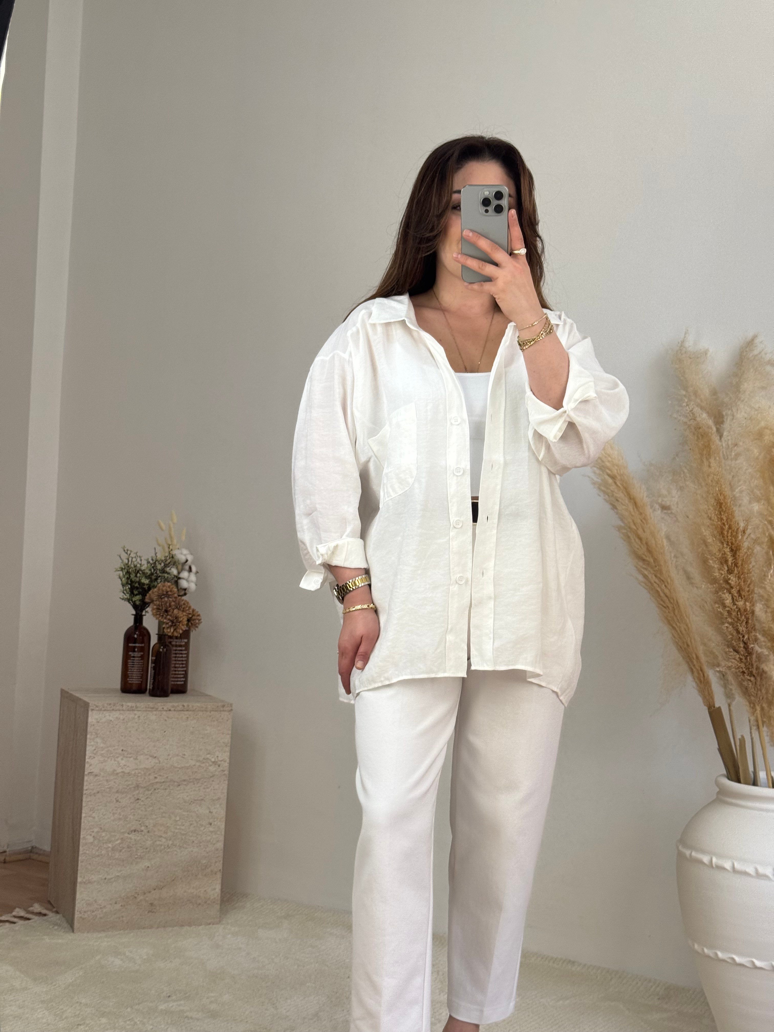 Düşük Omuz Oversize Gömlek- Beyaz