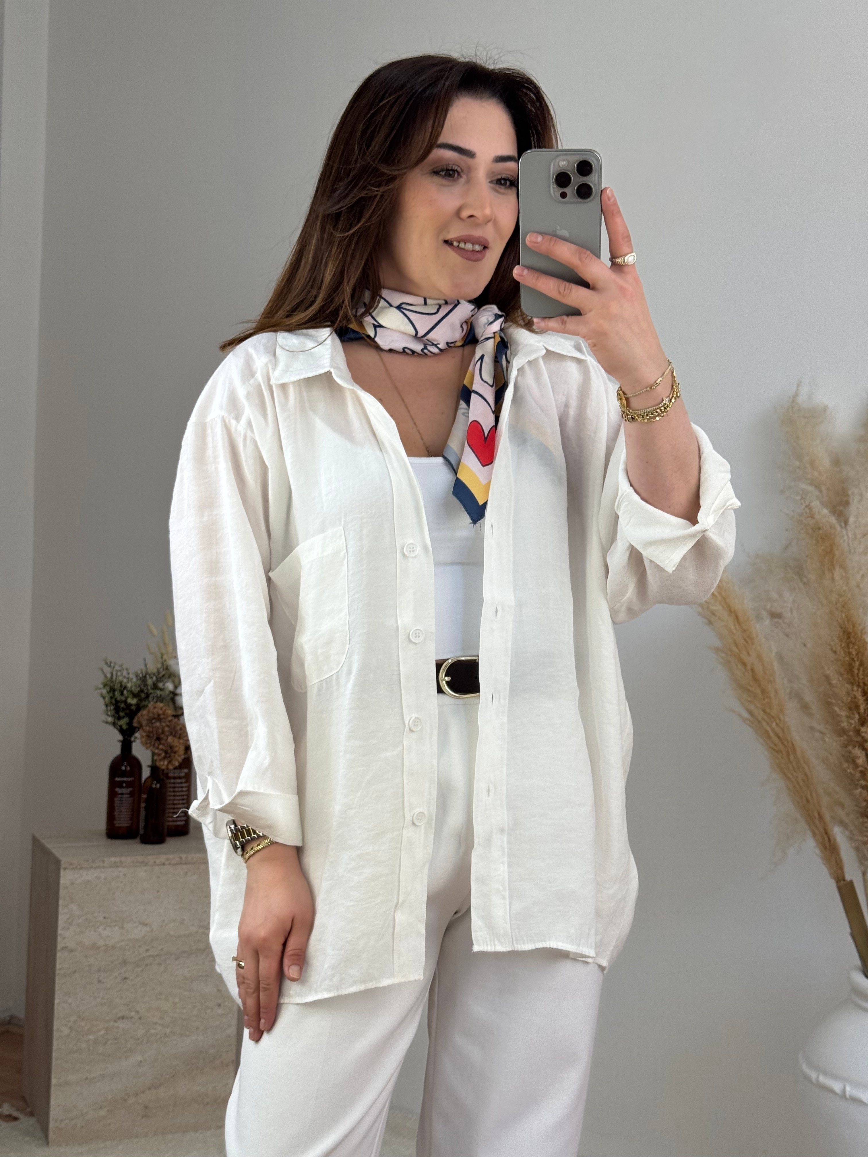 Düşük Omuz Oversize Gömlek- Beyaz
