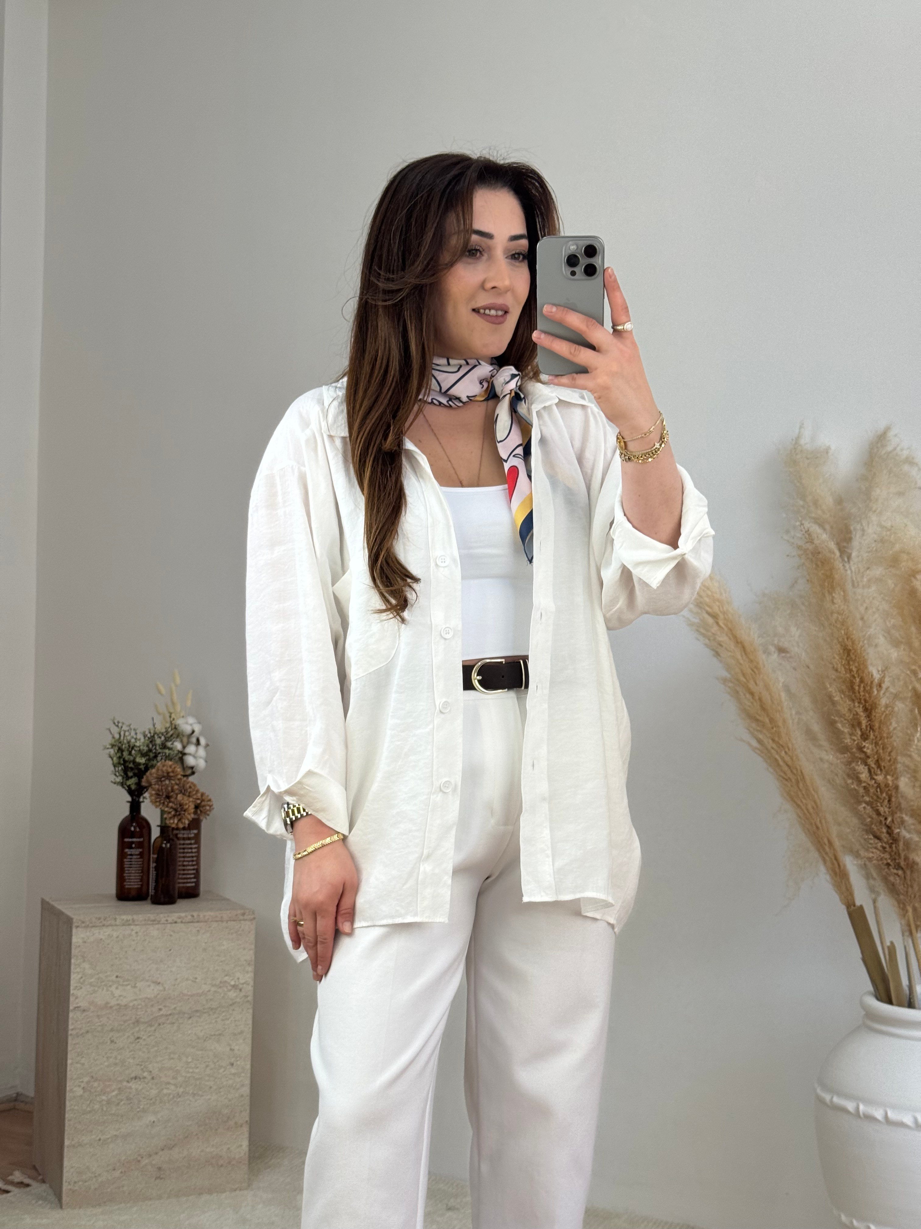 Düşük Omuz Oversize Gömlek- Beyaz