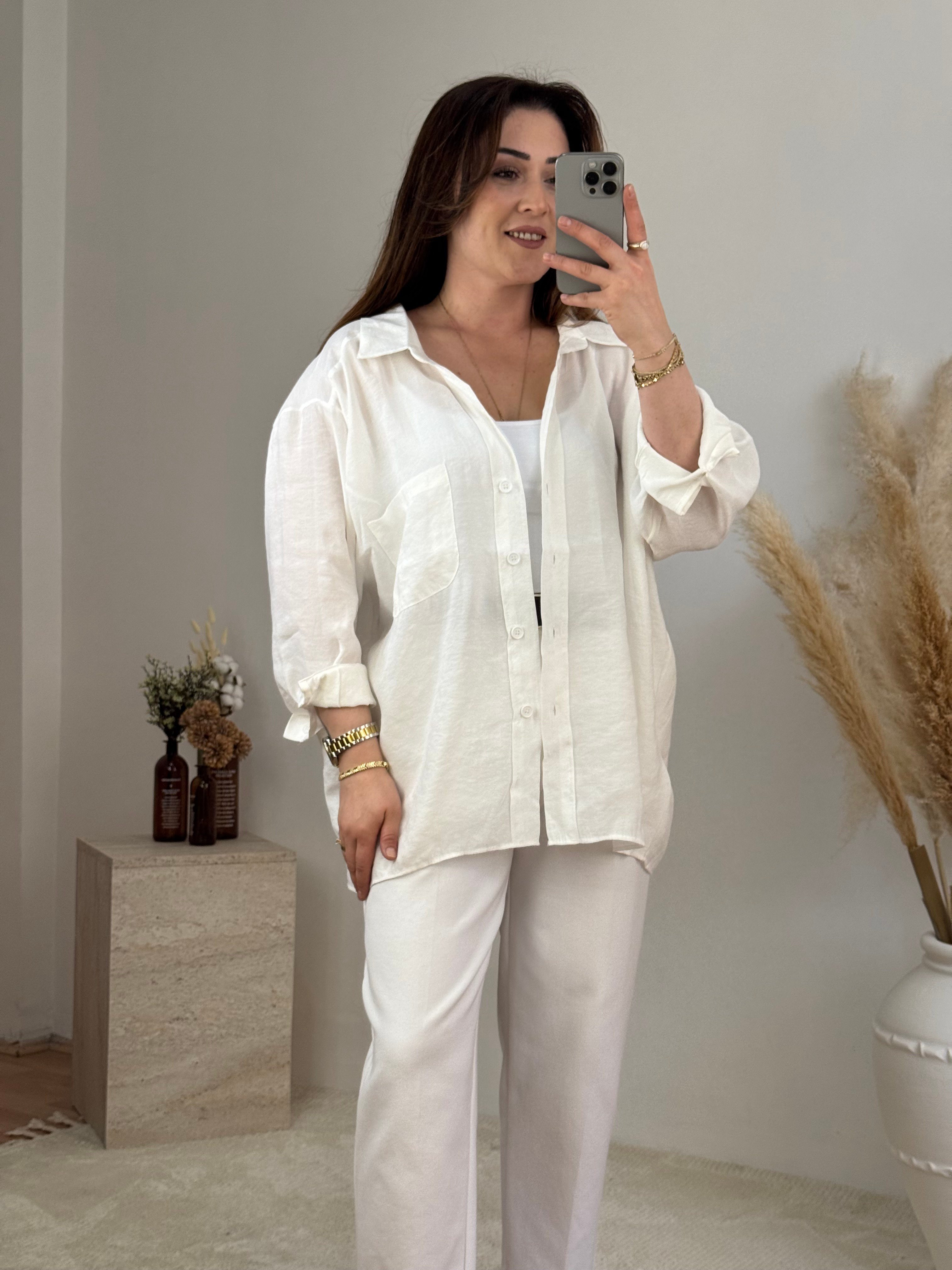 Düşük Omuz Oversize Gömlek- Beyaz